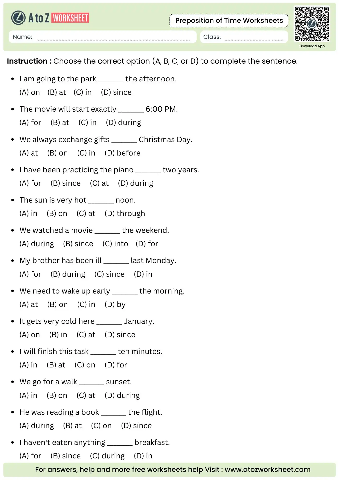 multiple choice questions for time grammar in preposition of time worksheets.
