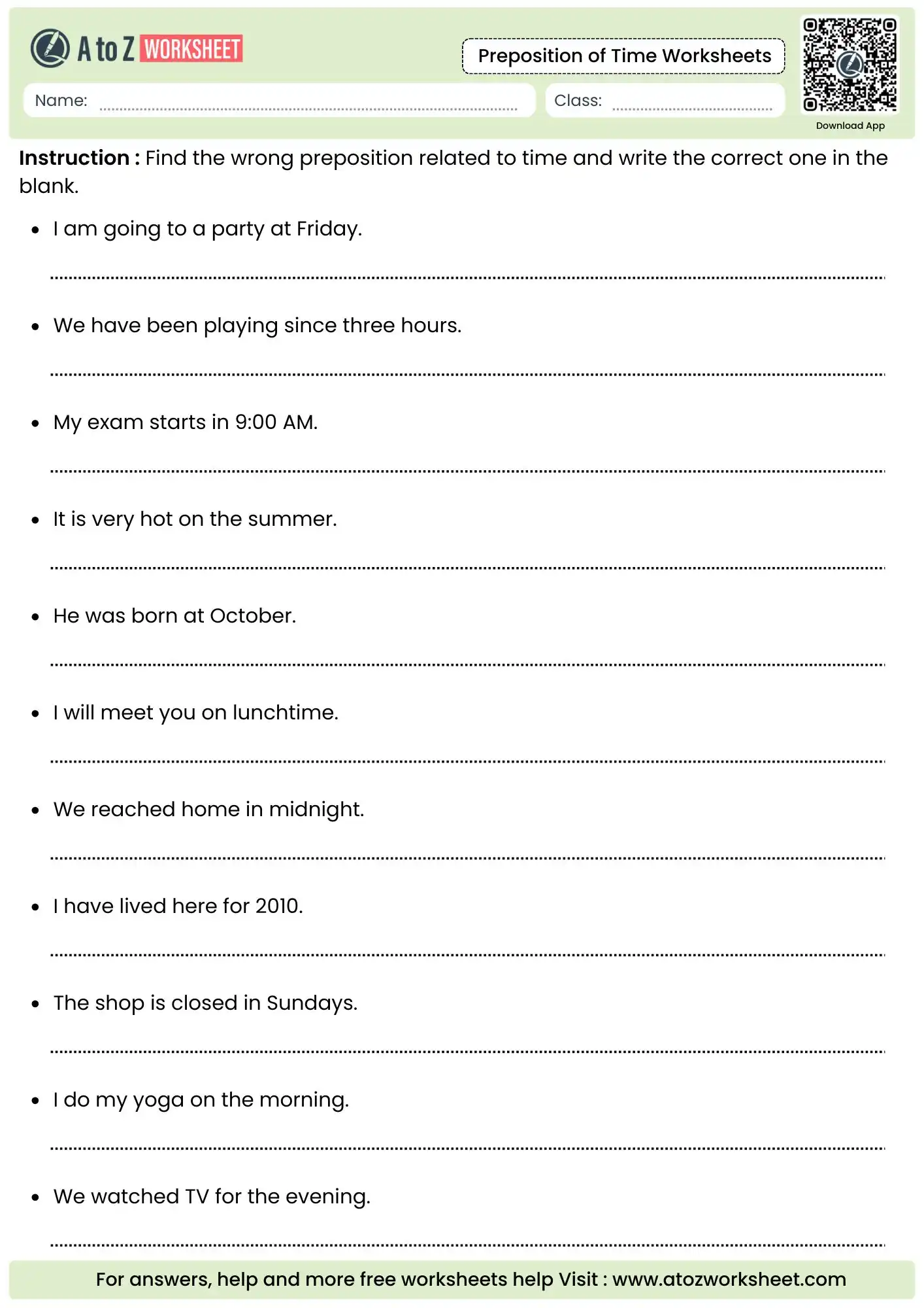 find and fix wrong prepositions of time in grammar worksheets.