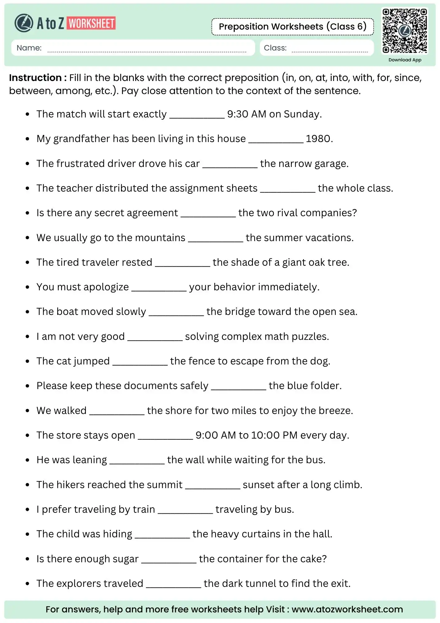 fill in the blanks activity in preposition worksheet for class 6 with 20 sentences.