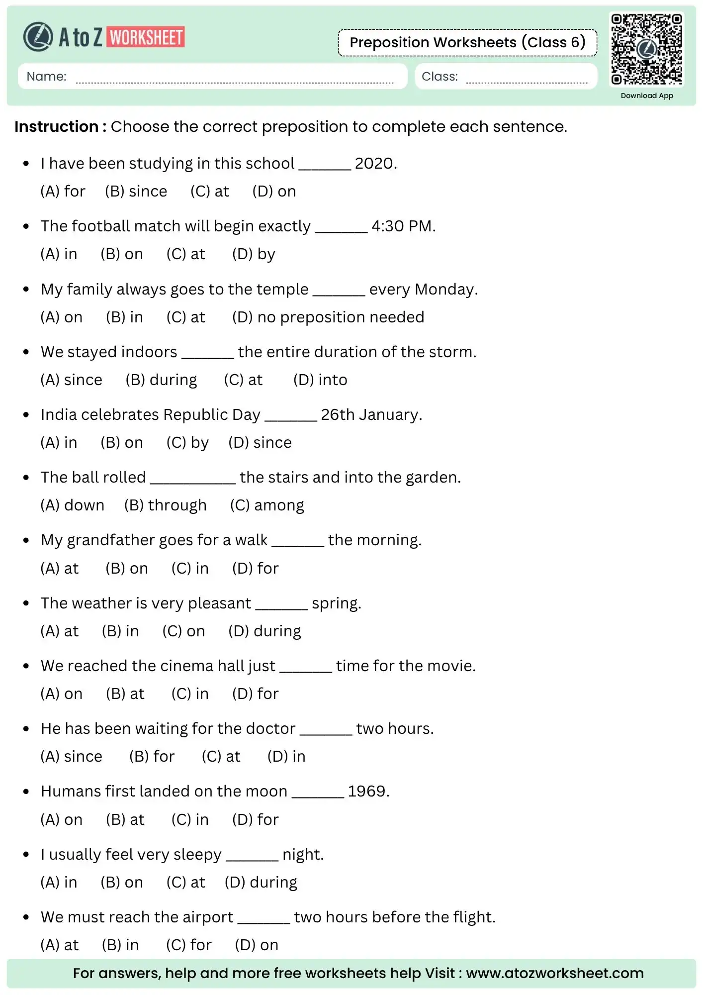 multiple choice questions for time and place in preposition worksheet for class 6.