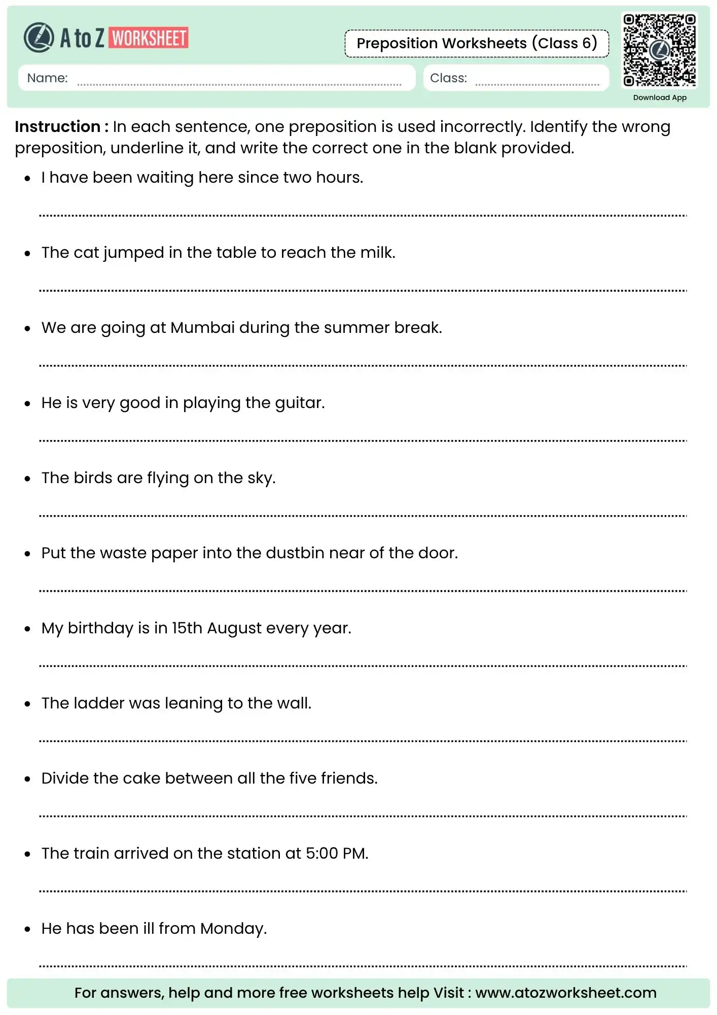 error identification and correction task in preposition worksheet for class 6.