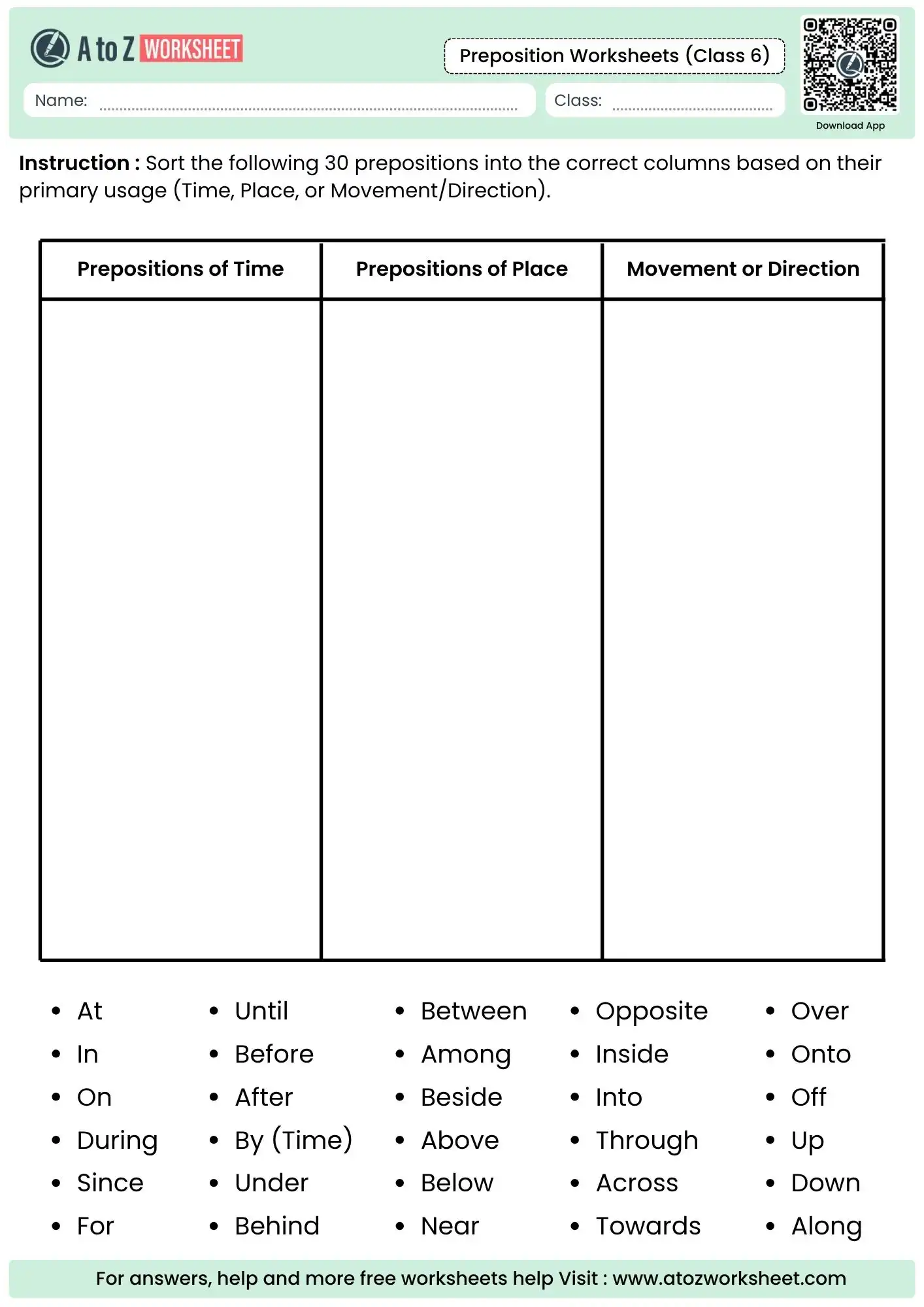 sorting table for 30 prepositions in preposition worksheet for class 6.