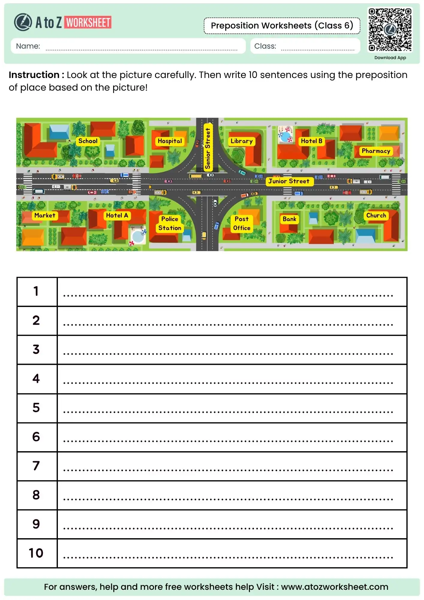 town map descriptive writing activity in preposition worksheet for class 6.
