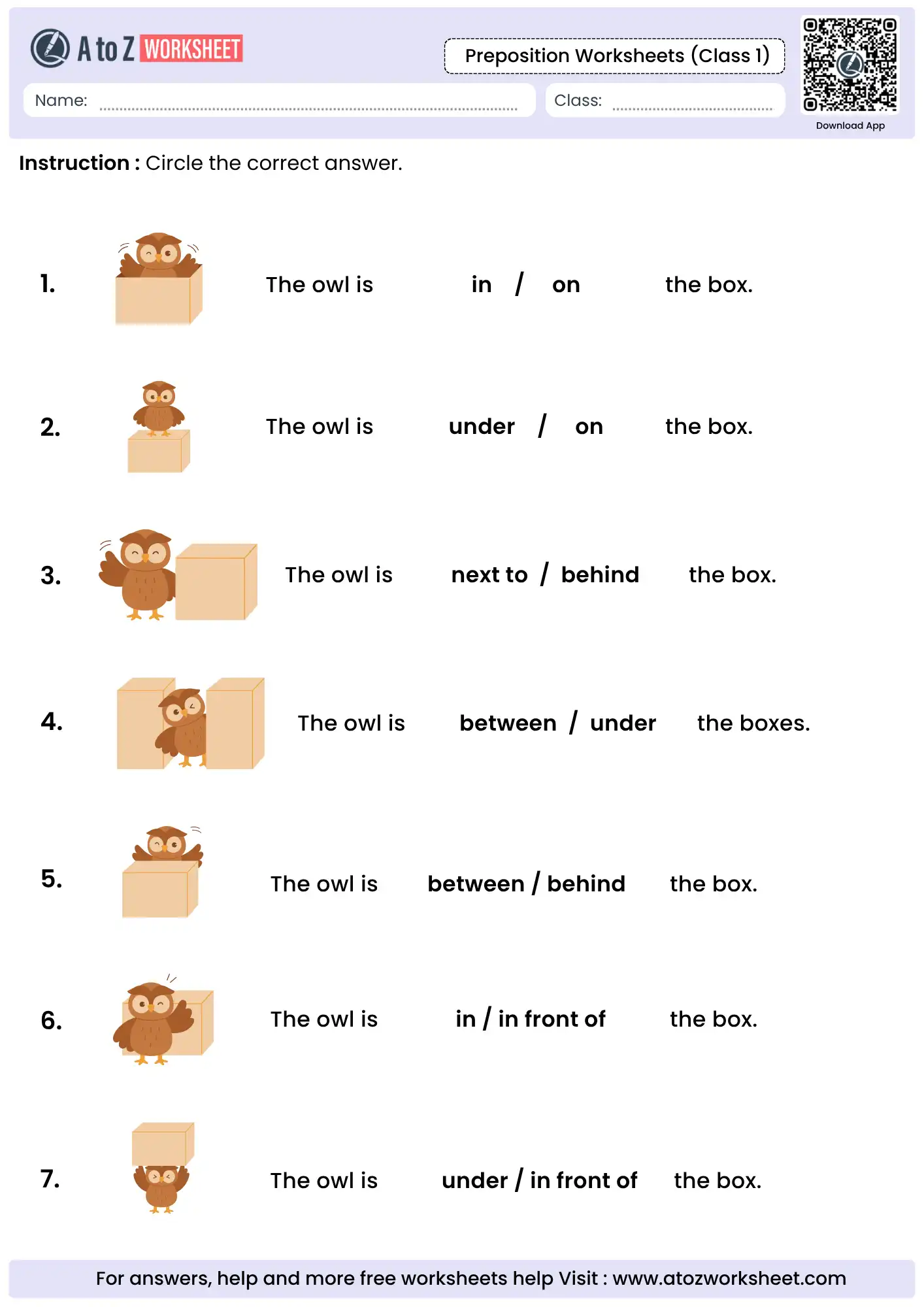 owl and box position identification in preposition worksheets for class 1.