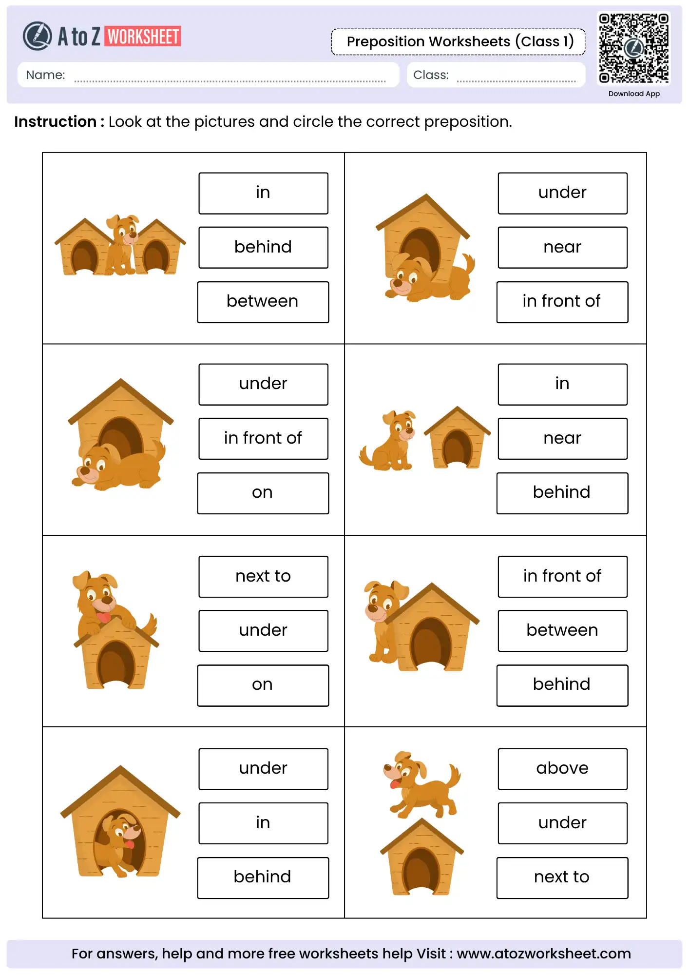 dog and kennel matching activity in preposition worksheets for class 1.