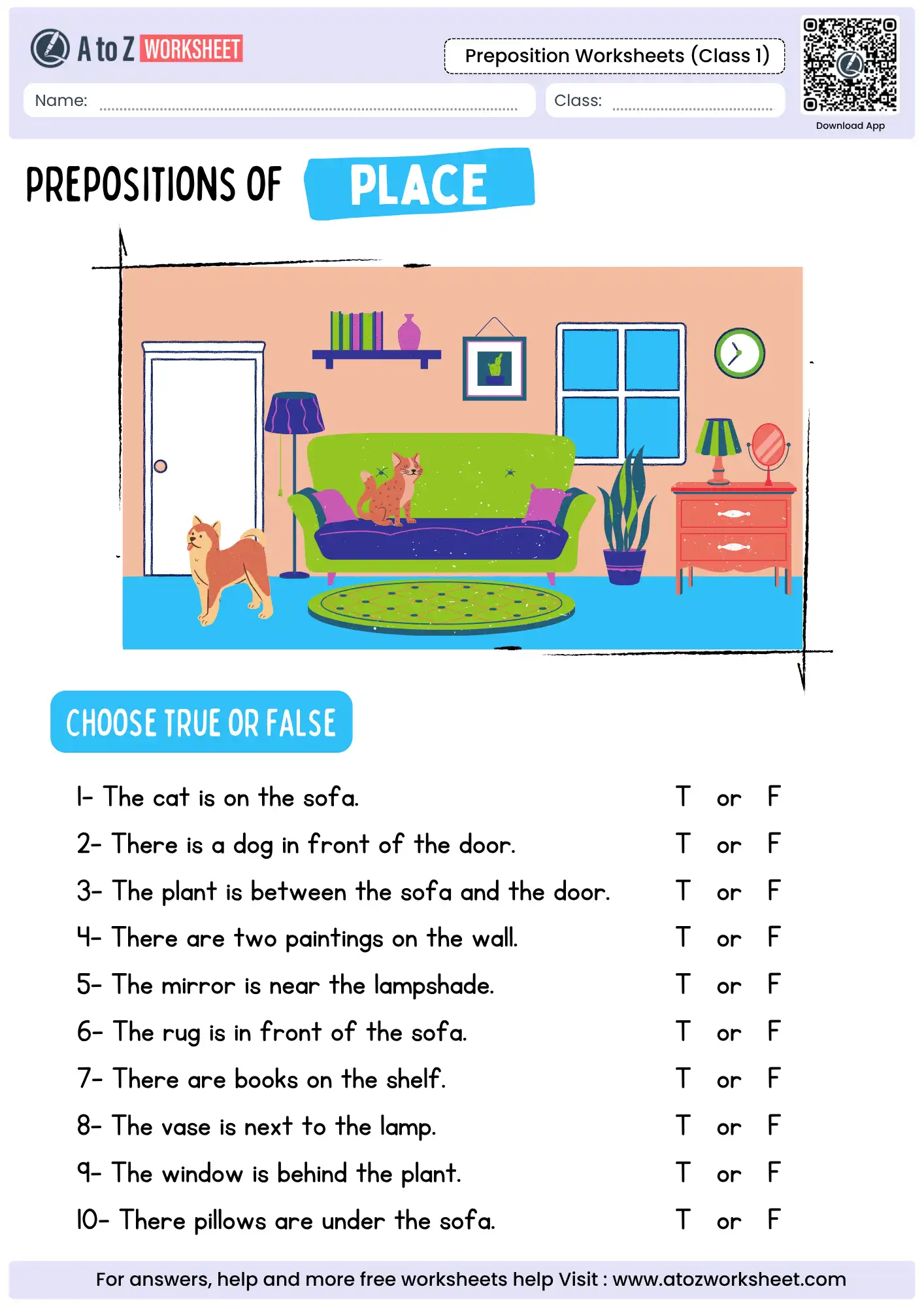 living room scene true or false activity in preposition worksheets for class 1.
