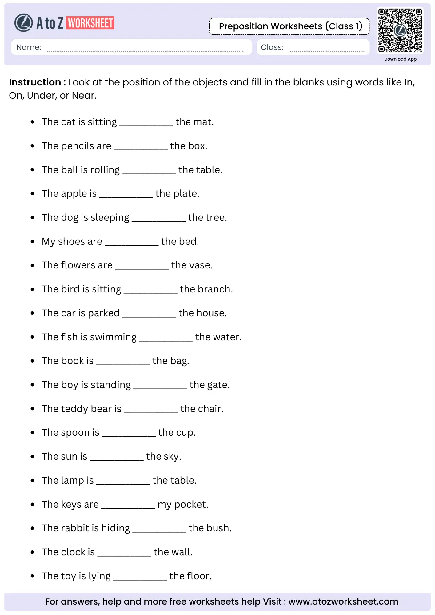 fill in the blanks sentence practice in preposition worksheets for class 1.