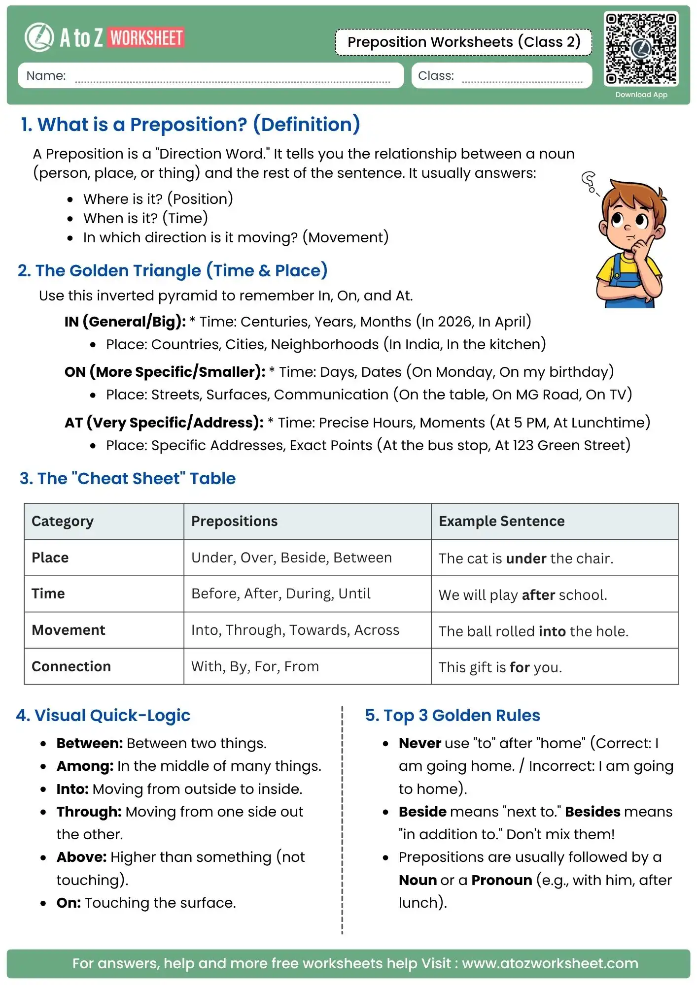 comprehensive preposition guide and inverted pyramid rule in preposition worksheets for class 2.
