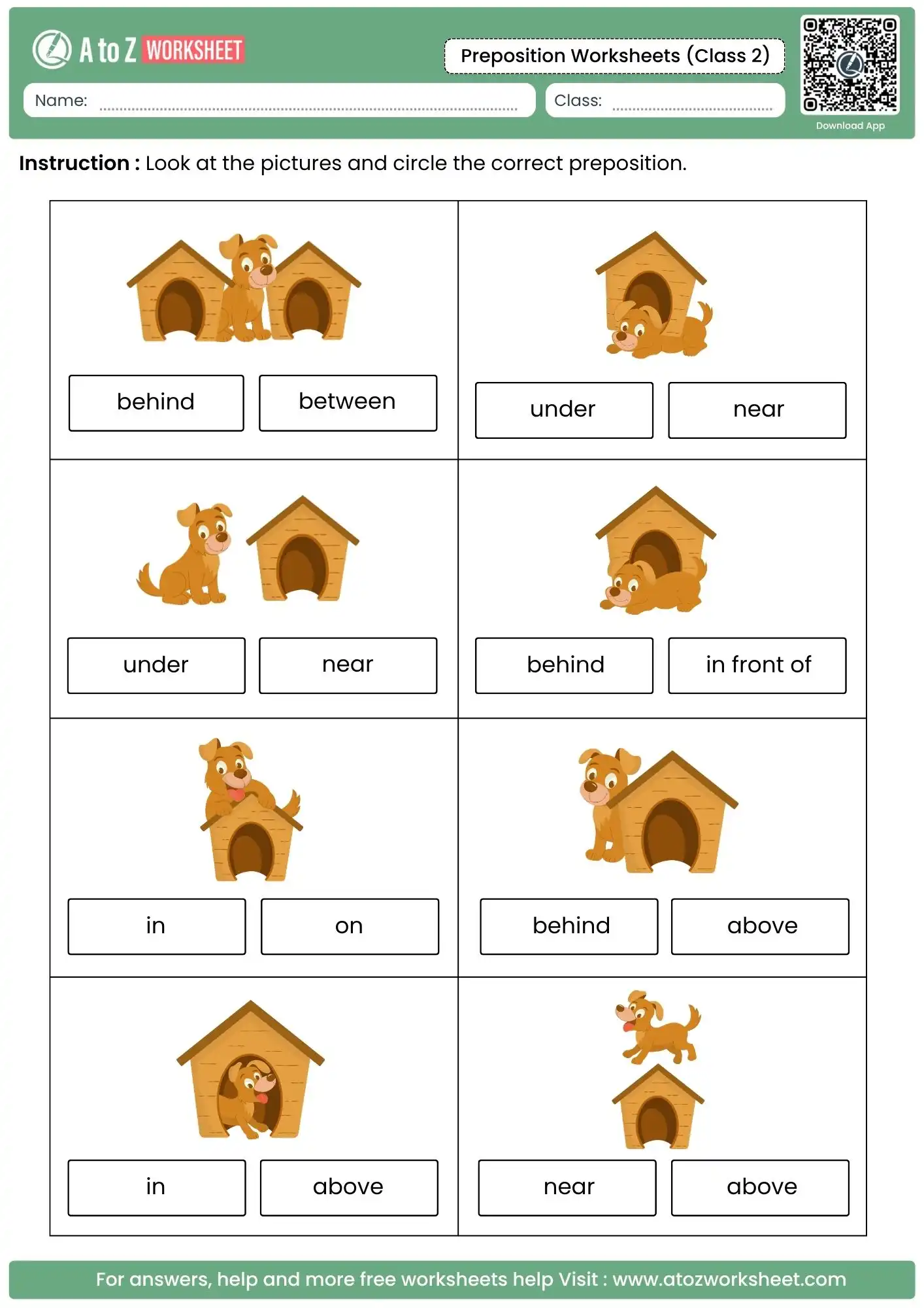 dog and kennel position circling activity in preposition worksheets for class 2.