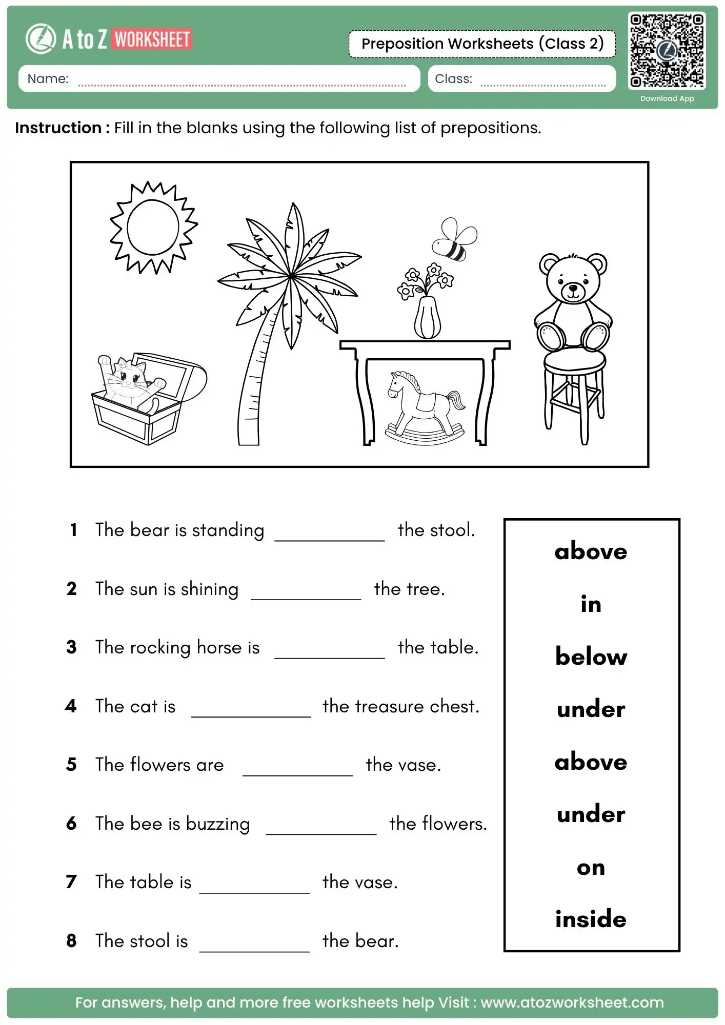 fill in the blanks with a landscape scene in preposition worksheets for class 2.