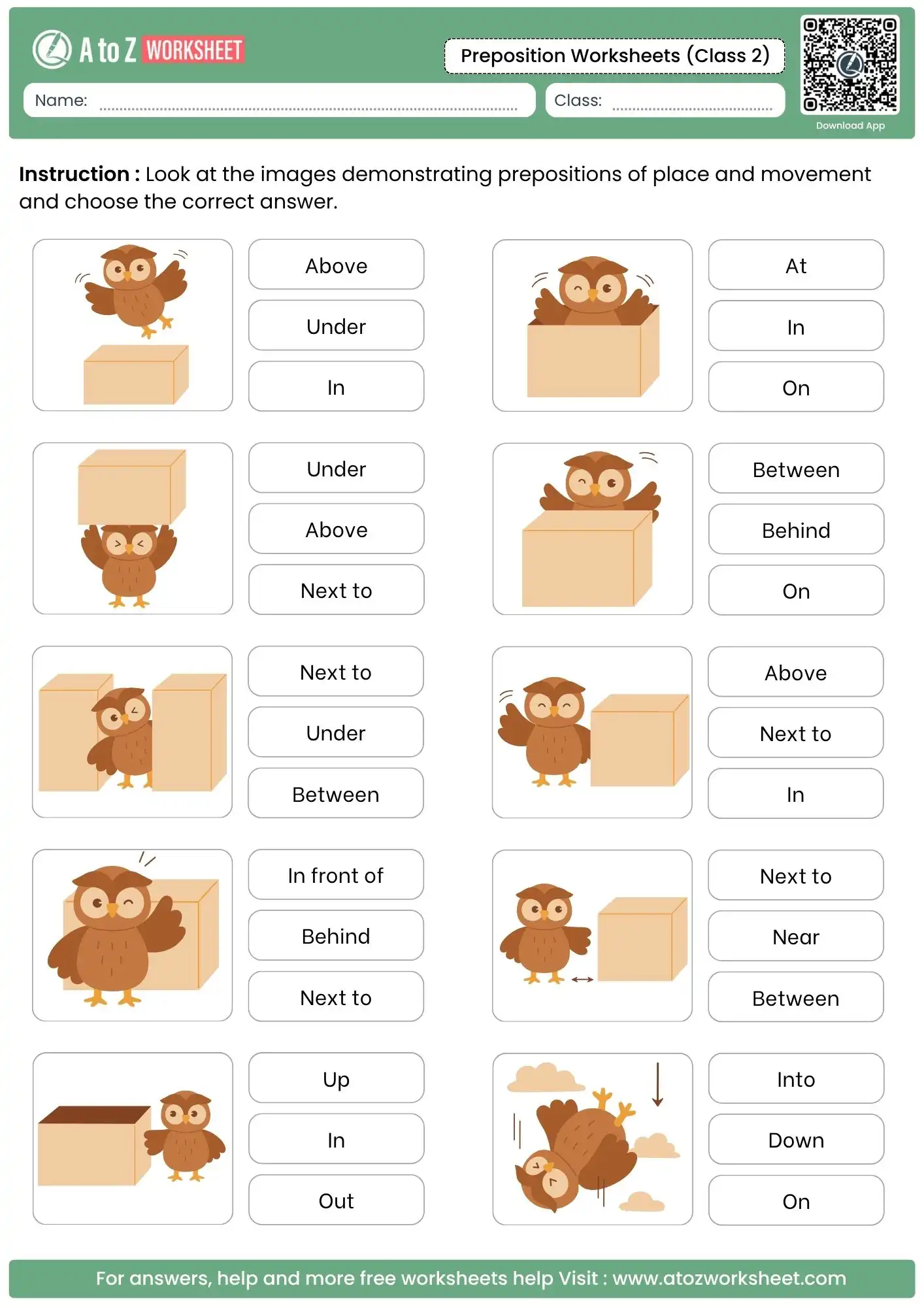 owl and box movement identification in preposition worksheets for class 2.