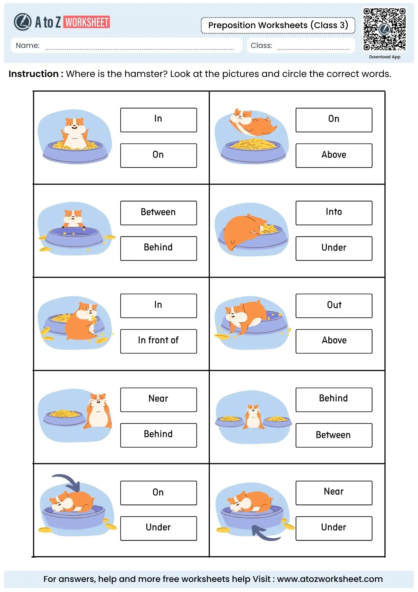 hamster position identification activity in preposition worksheets for class 3.