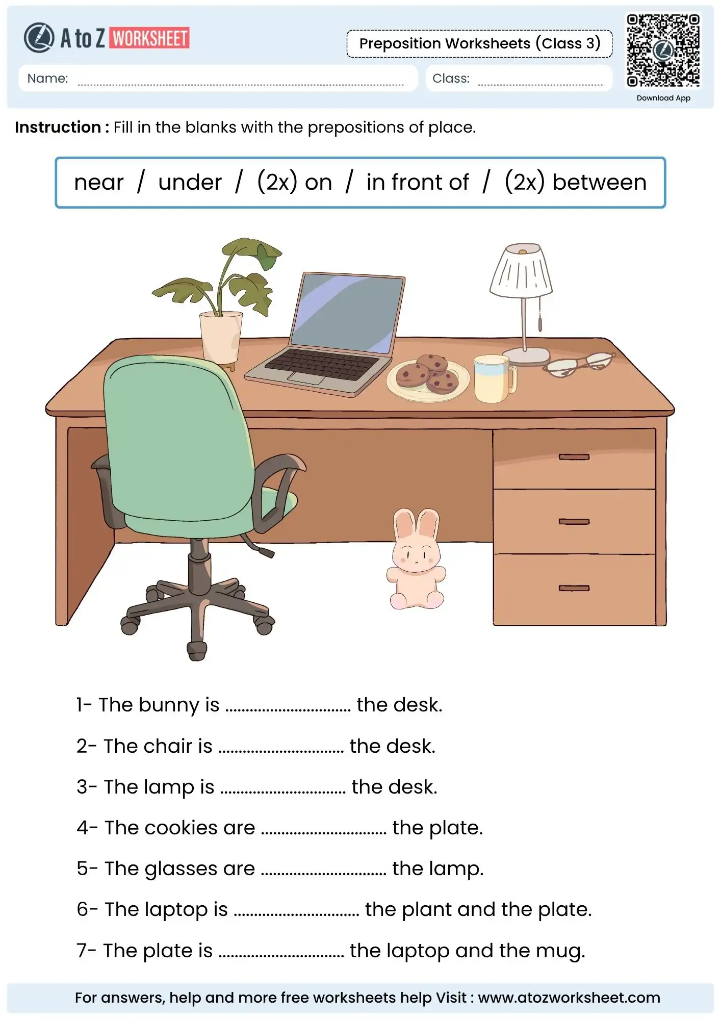 desk scene fill in the blanks in preposition worksheets for class 3 with bunny and laptop.