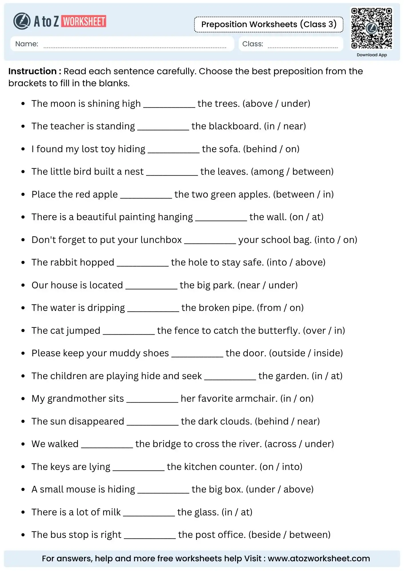advanced sentence based preposition choices in preposition worksheets for class 3.