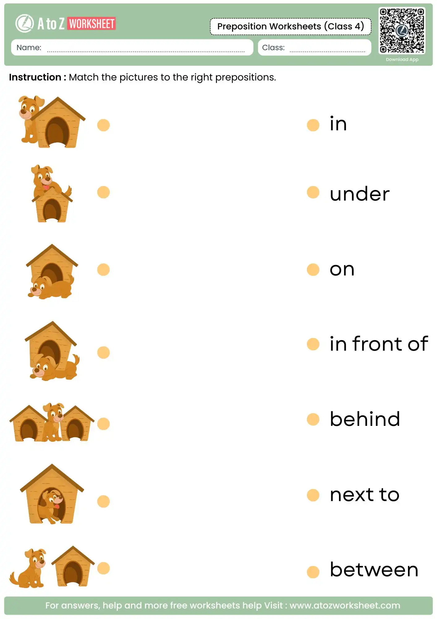 dog and kennel matching activity in preposition worksheets for class 4.