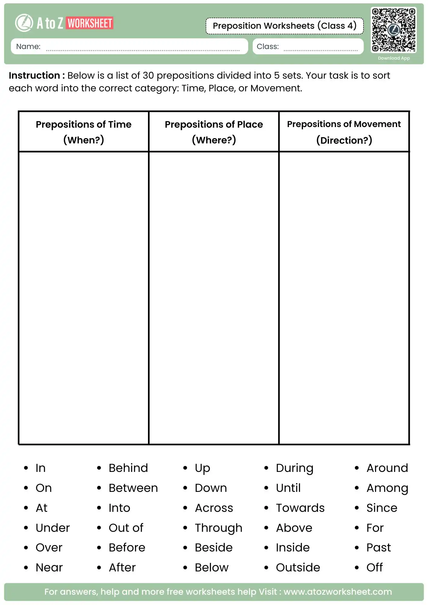 sorting 30 prepositions into time place and movement categories in preposition worksheets for class 4.