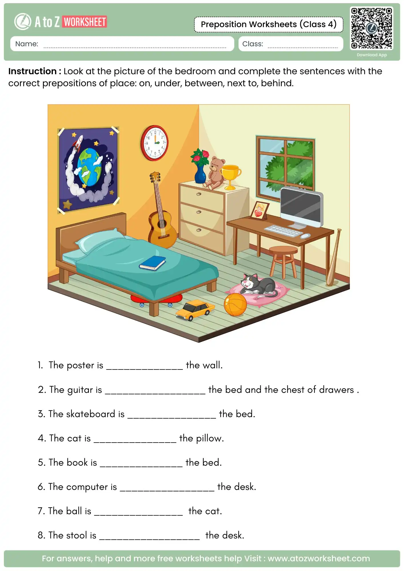bedroom scene sentence completion in preposition worksheets for class 4 with cat and guitar.