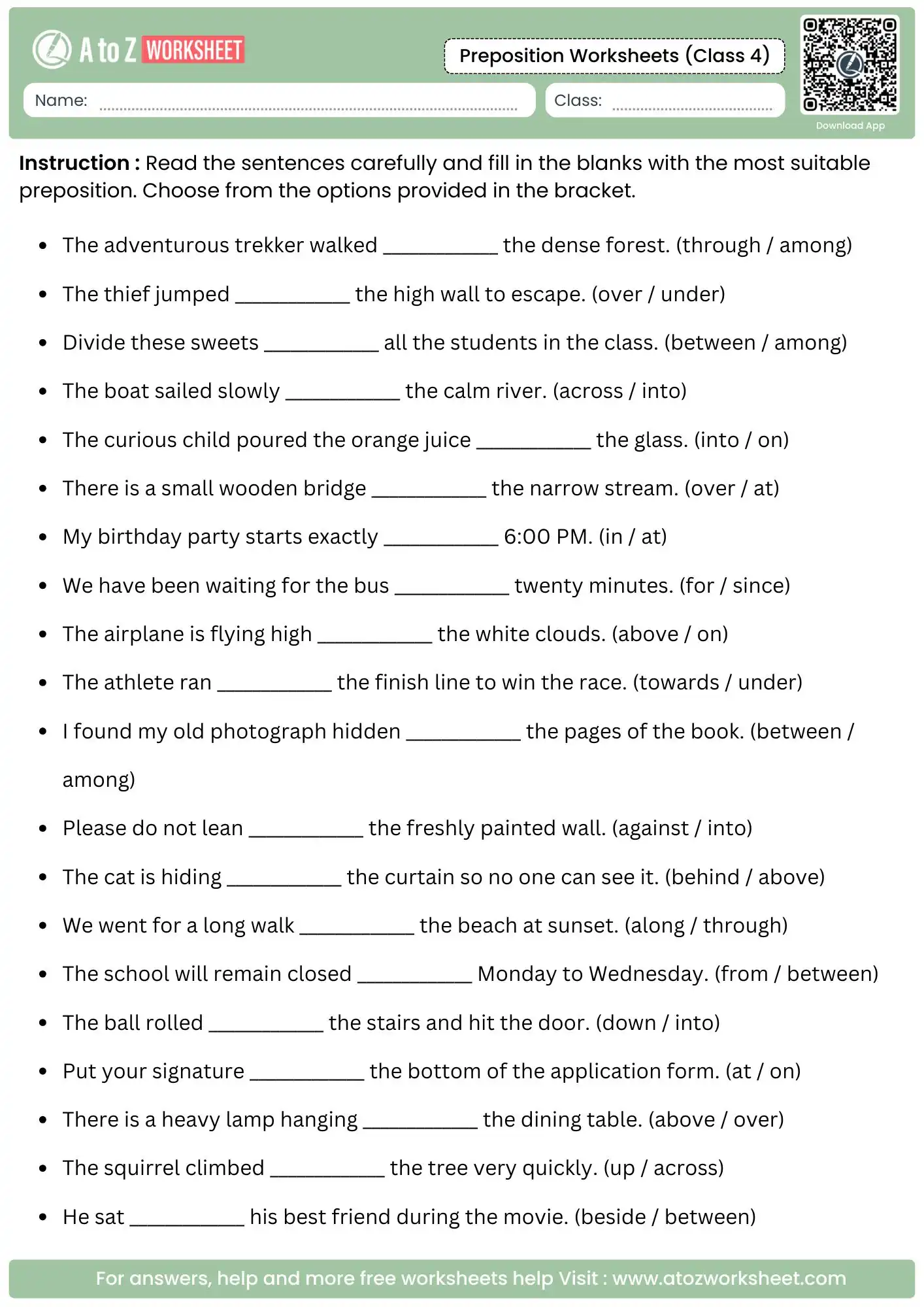 advanced sentence based preposition choices for grade 4 English.