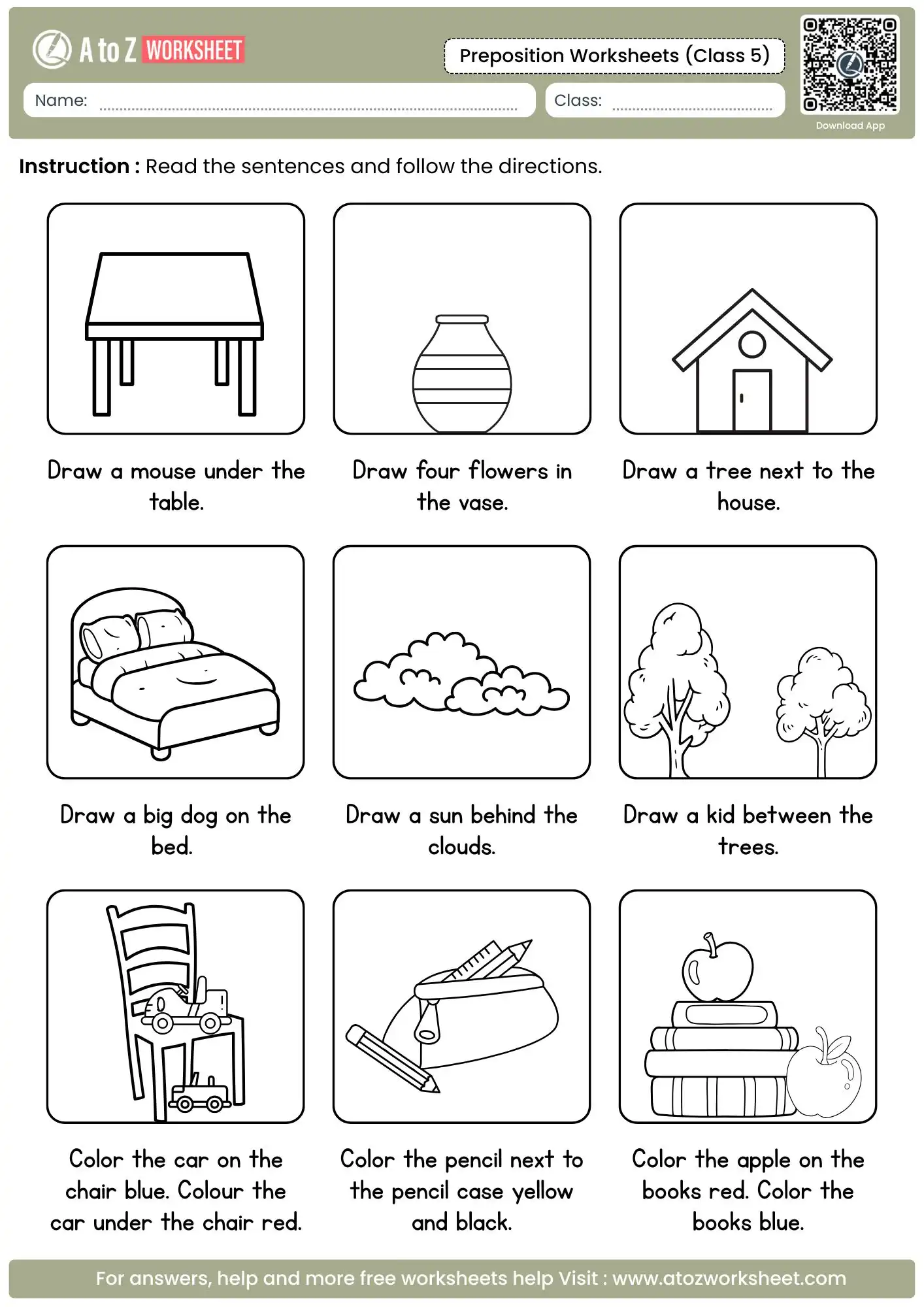 follow instructions and draw objects in preposition worksheets for class 5 with answers.