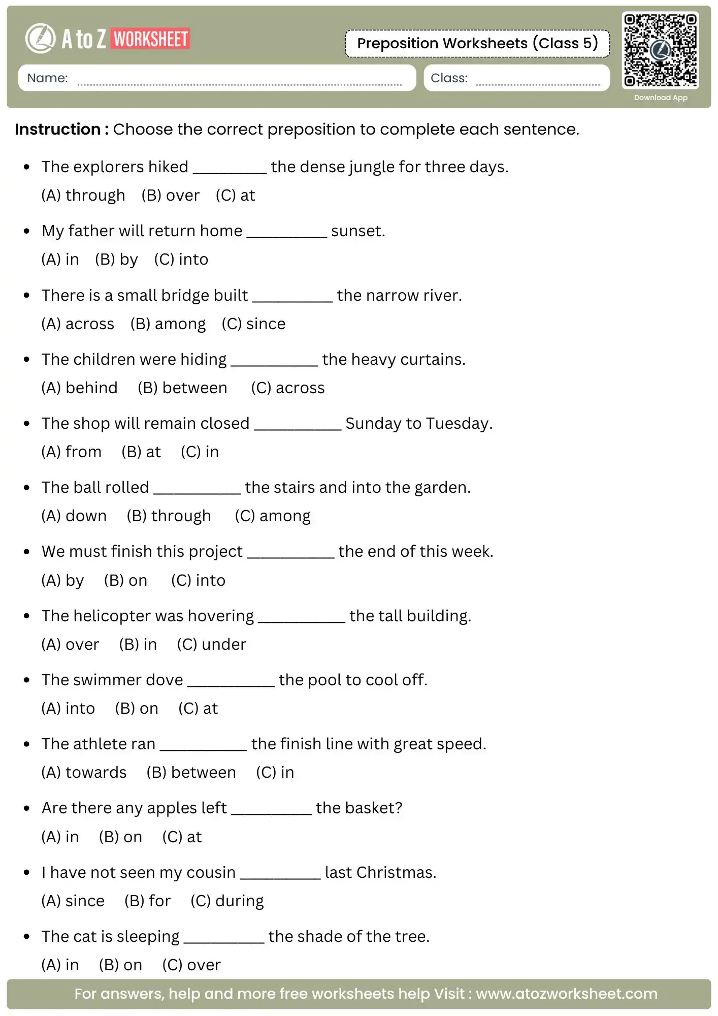 multiple choice questions for grammar in preposition worksheets for class 5 with answers.