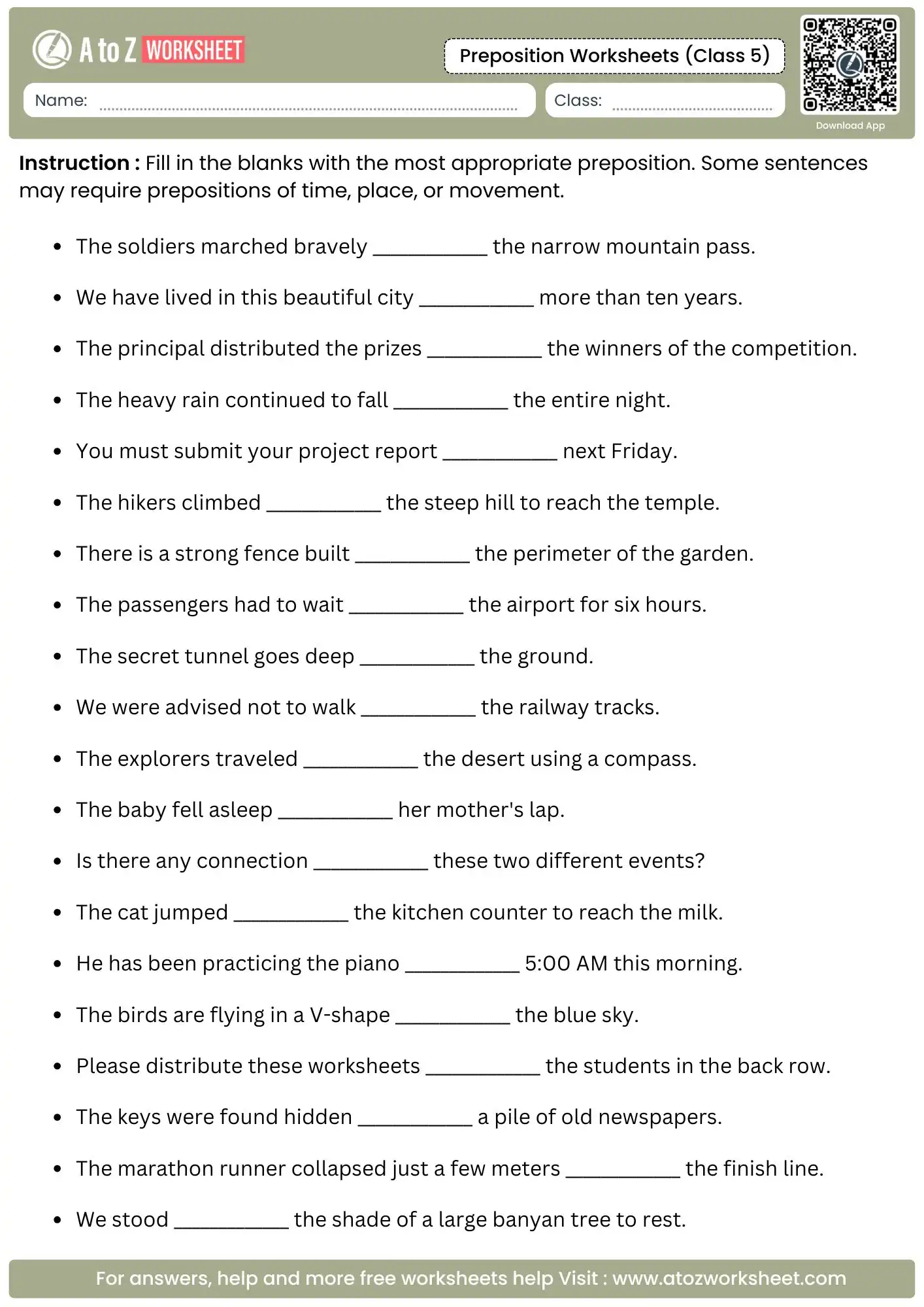 fill in the blanks for time and movement in preposition worksheets for class 5 with answers.