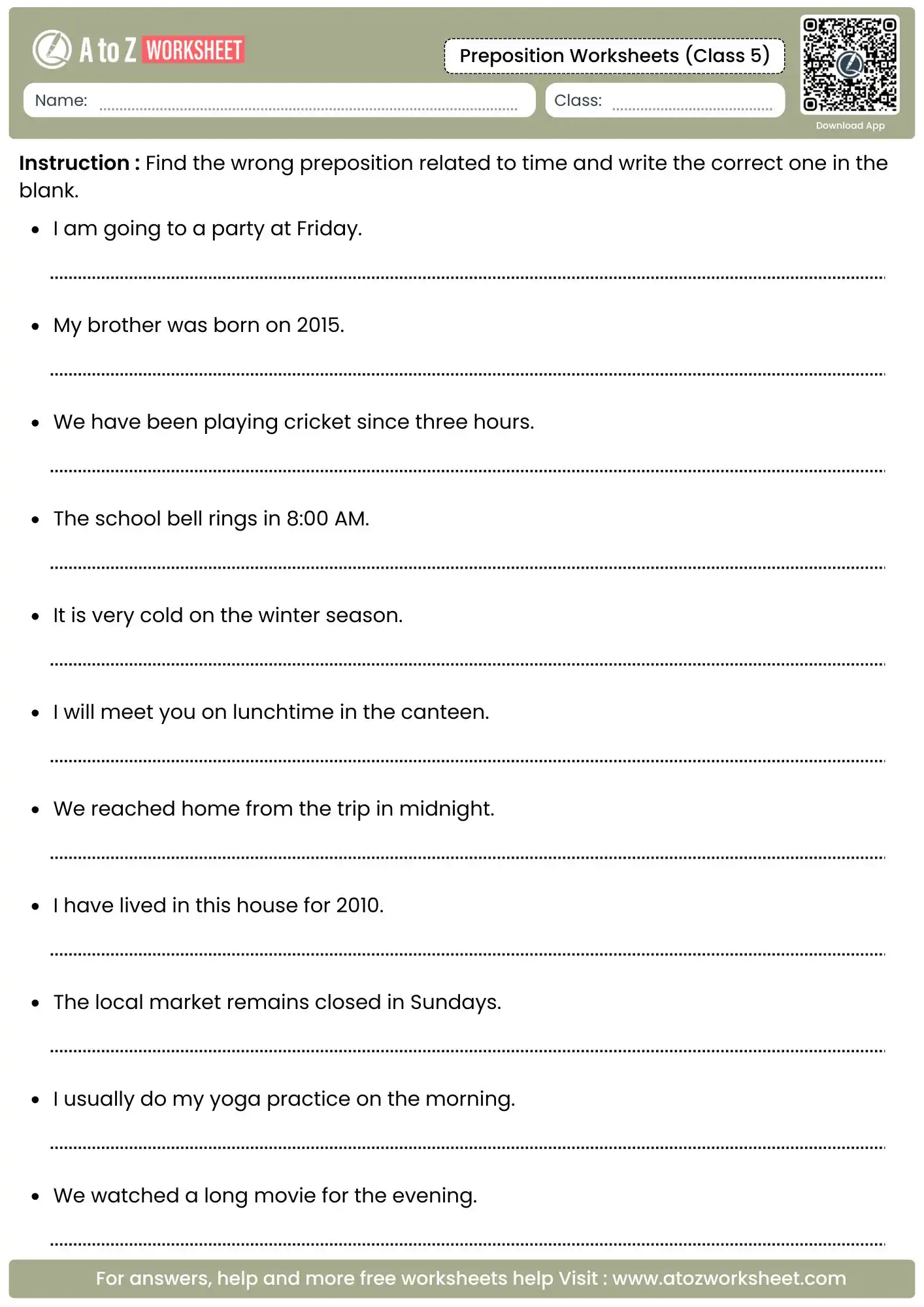error correction for time prepositions in preposition worksheets for class 5 with answers.
