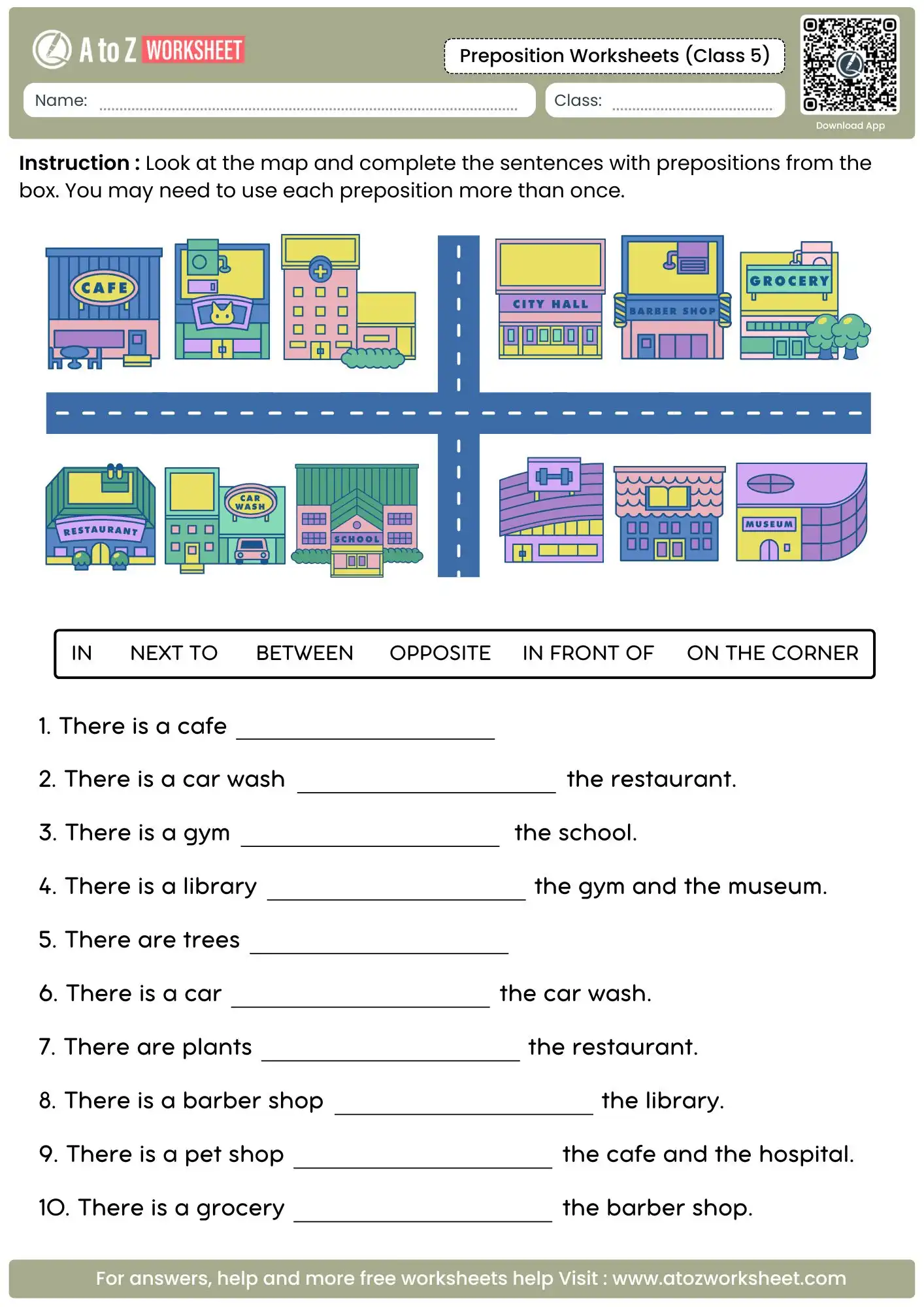 town map spatial relationship activity in preposition worksheets for class 5 with answers.