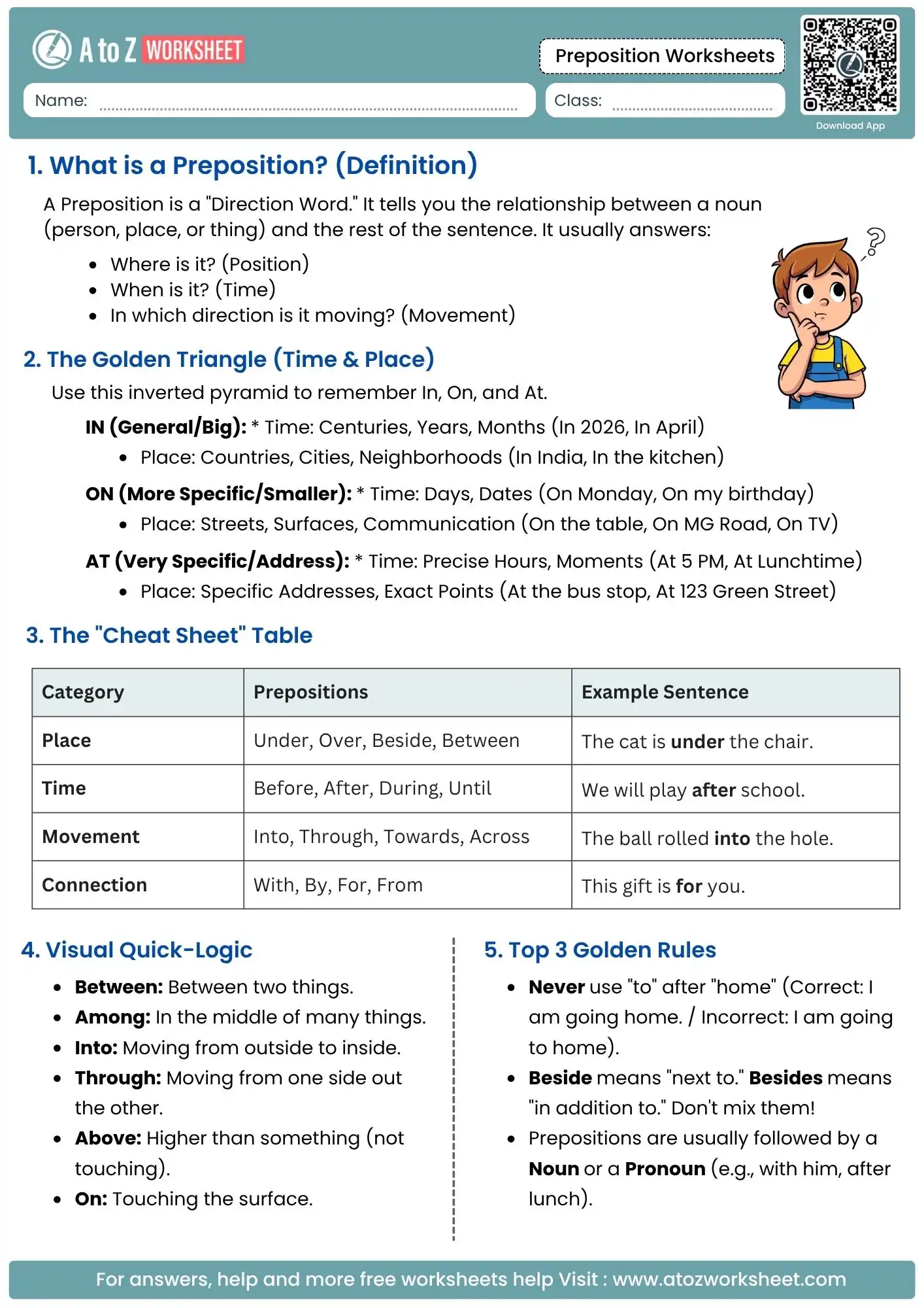 grammar guide and cheat sheet in preposition worksheets with answers for time and place.