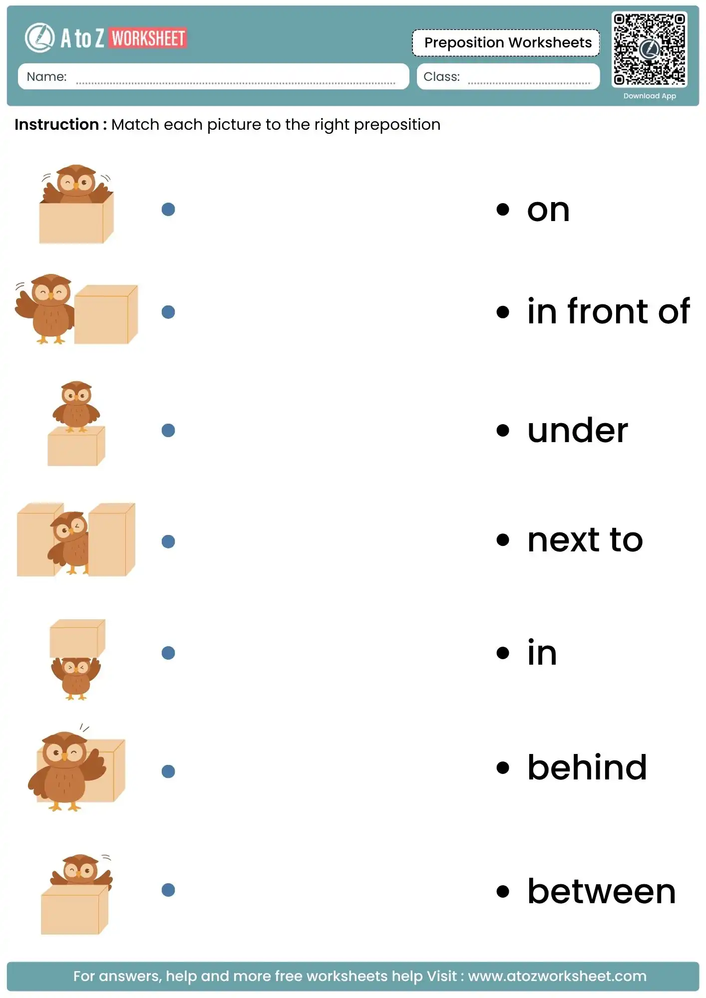 owl and box matching activity in preposition worksheets with answers for kids.