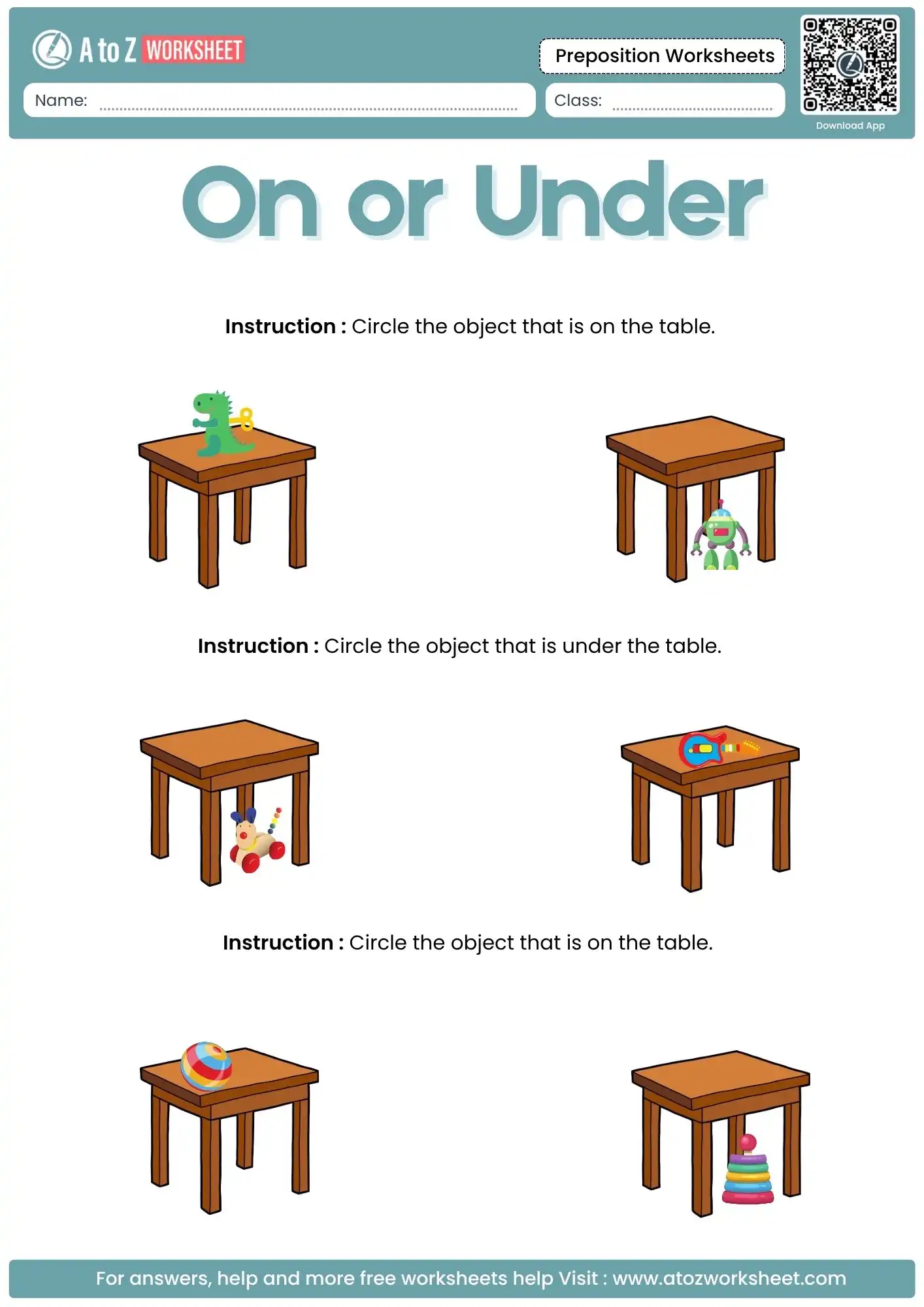 on or under table identification in preposition worksheets with answers for primary school.