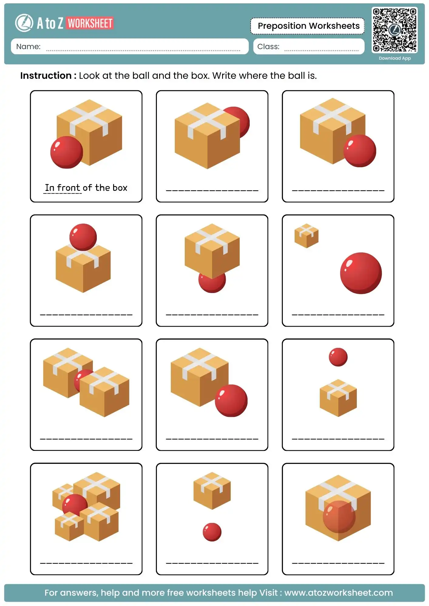 ball and box position writing in preposition worksheets with answers for beginners.