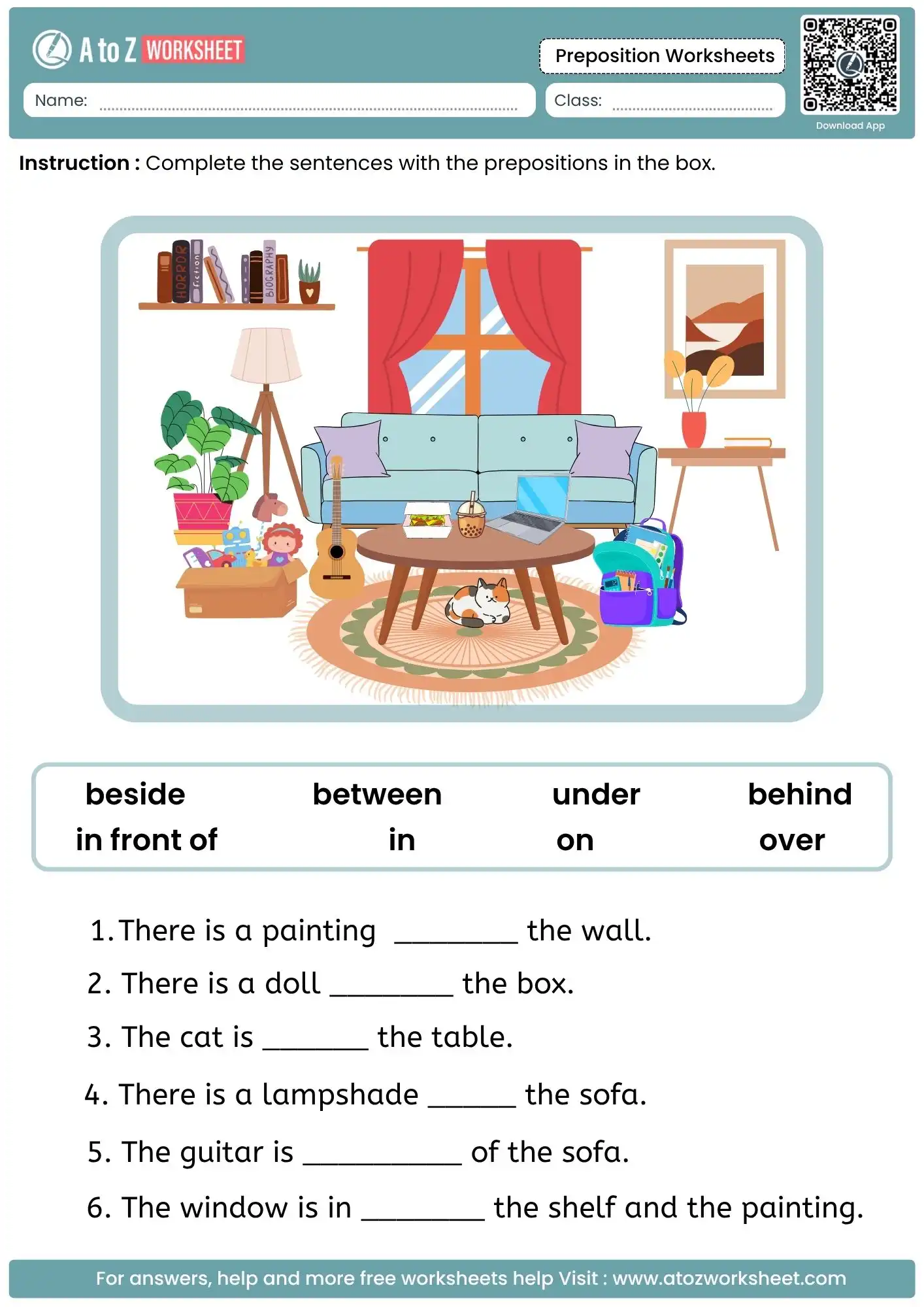 living room scene sentence completion in preposition worksheets with answers for grammar.