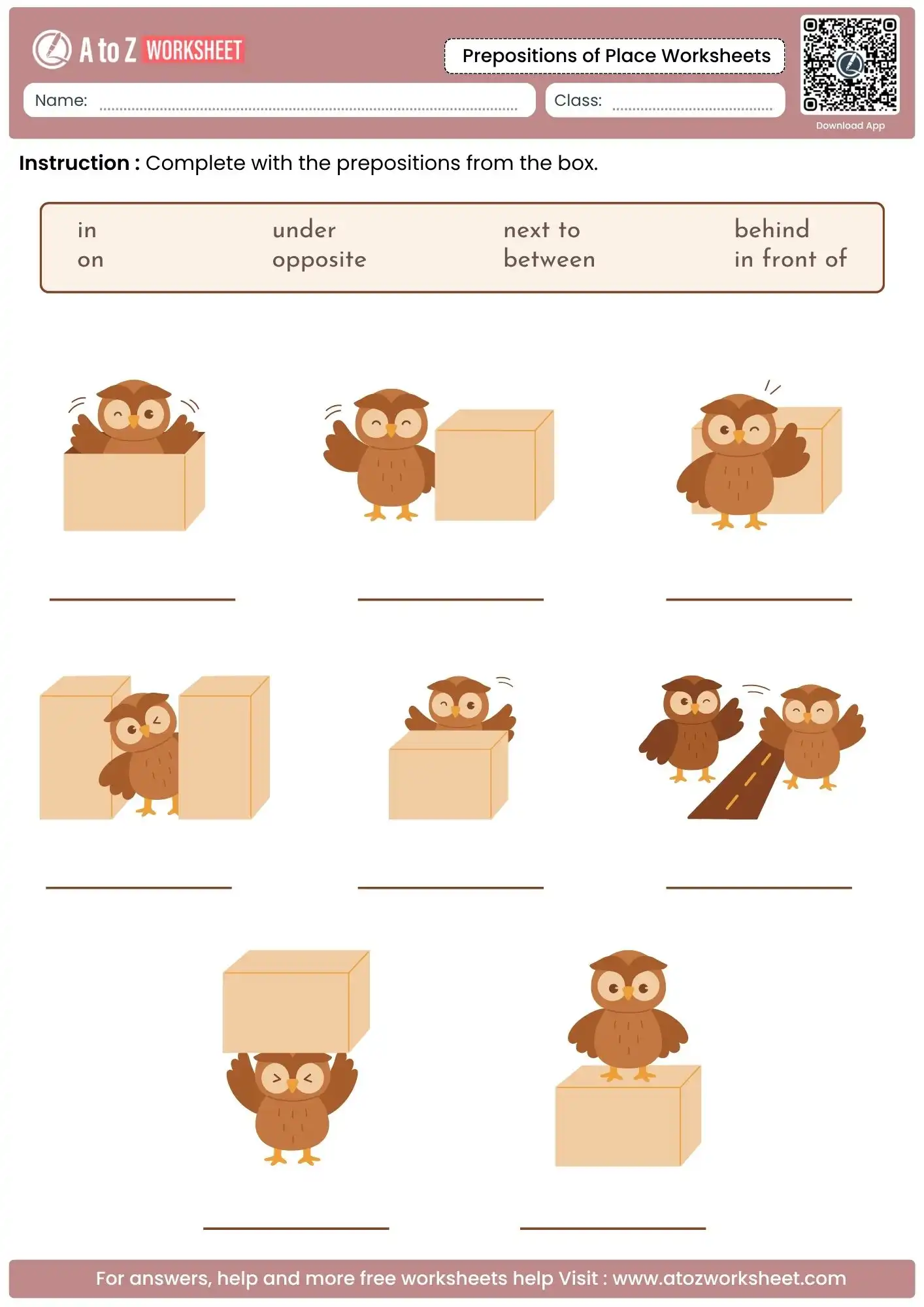 owl and box position identification in prepositions of place worksheets.