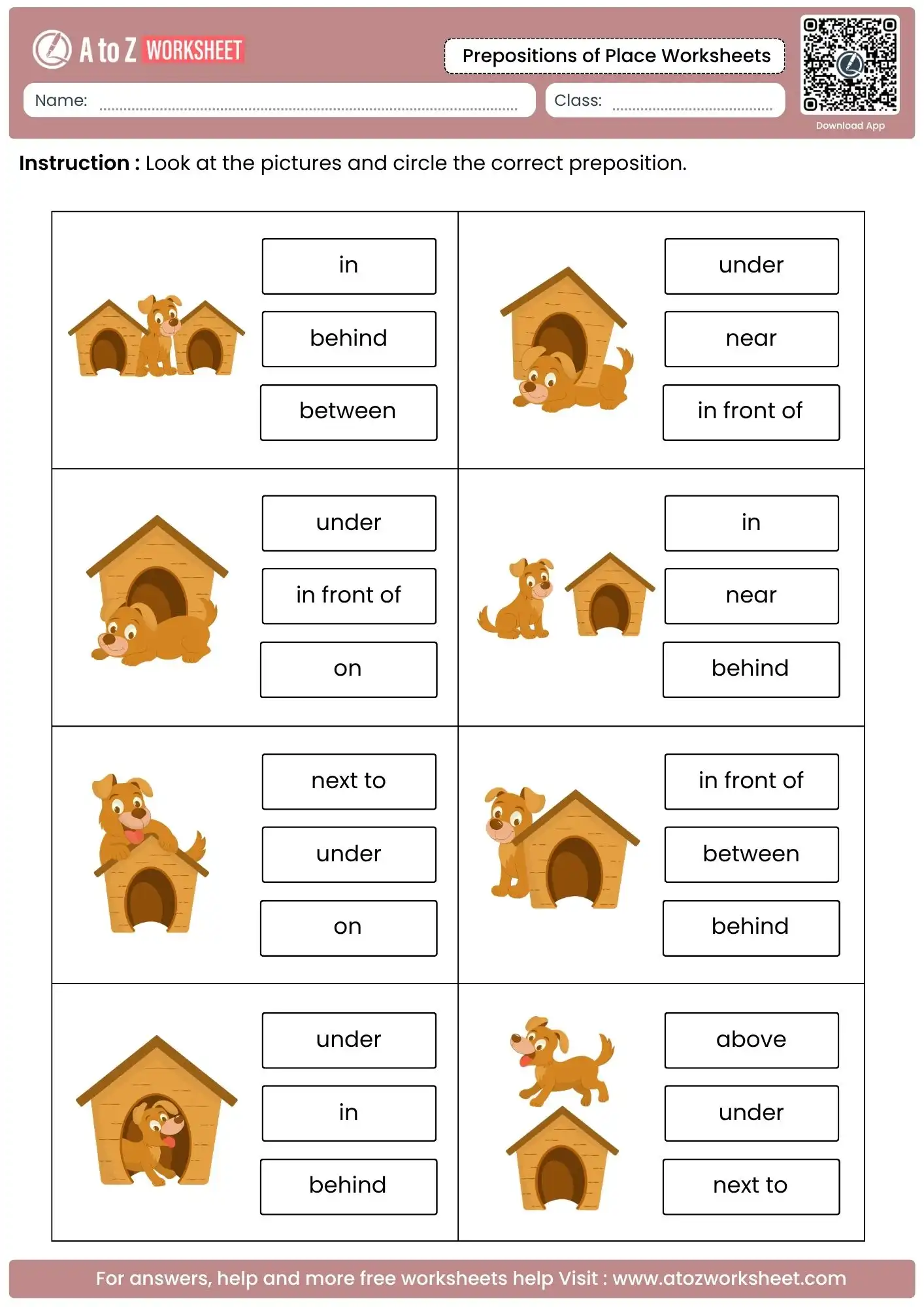 dog and kennel multiple choice activity in prepositions of place worksheets.