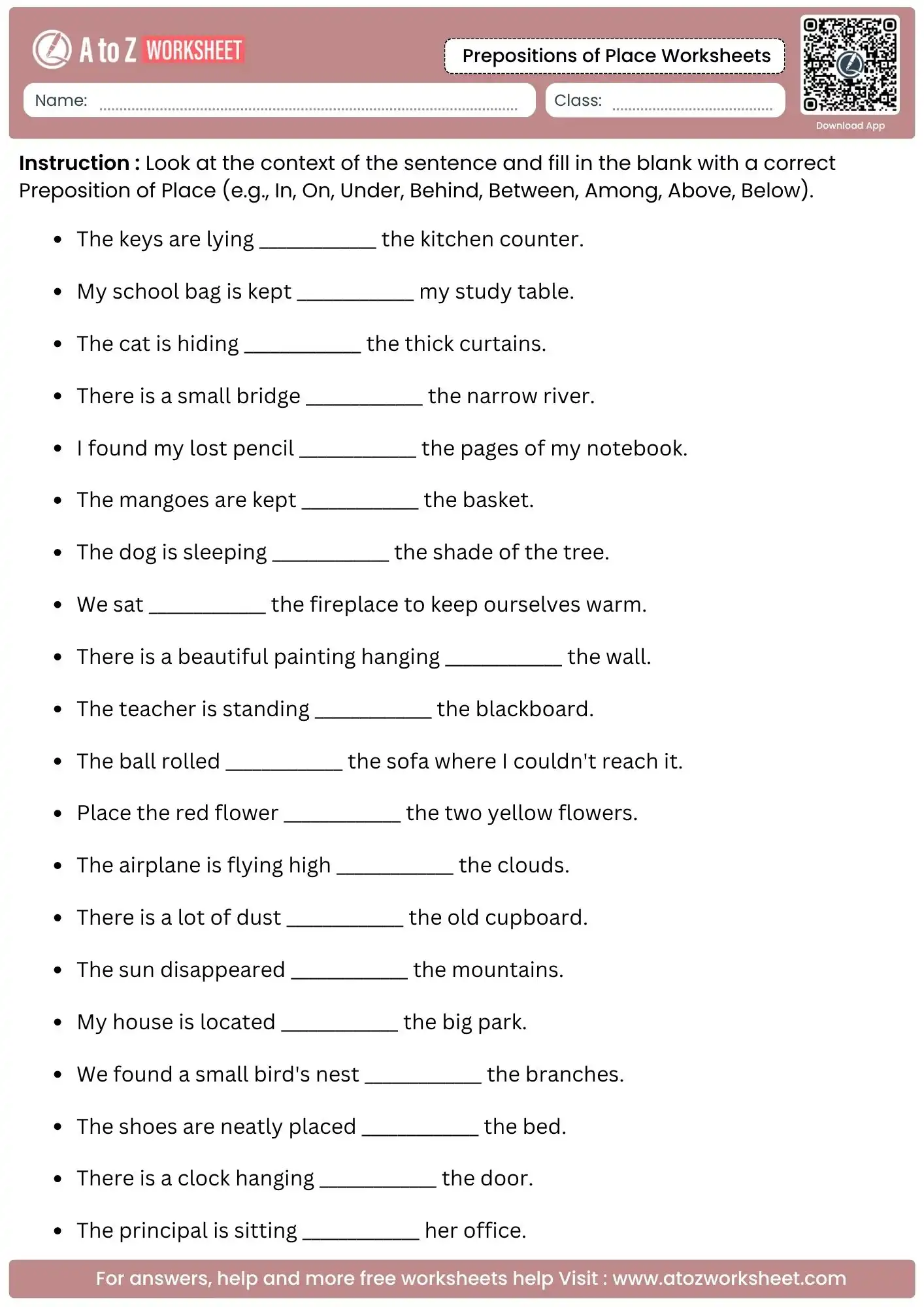 context based fill in the blanks in prepositions of place worksheets for grammar.