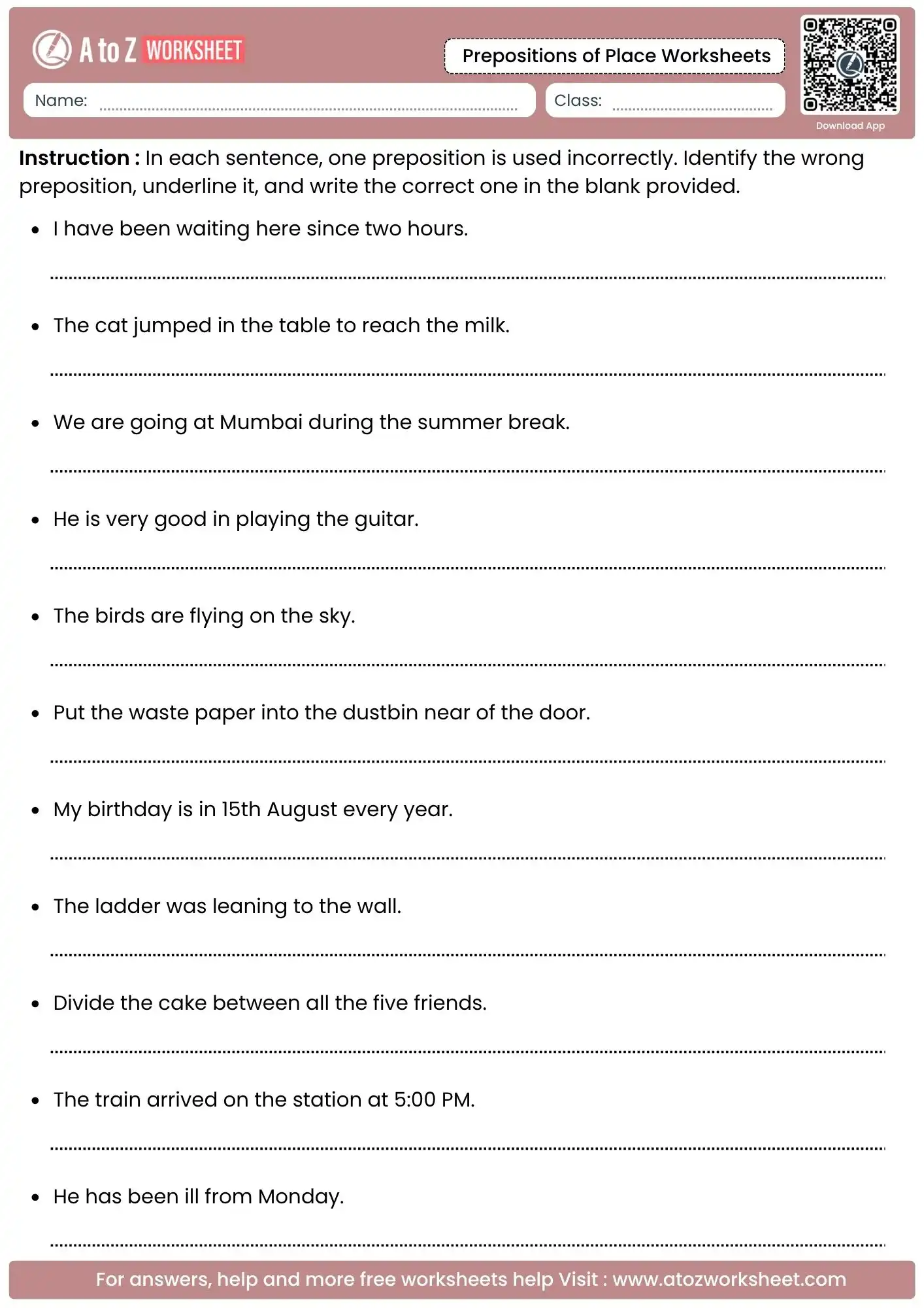 error identification and correction task in prepositions of place worksheets.