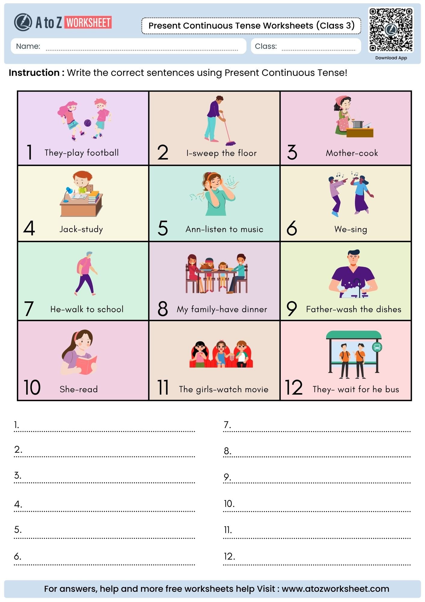 Present Continuous Tense Worksheets For Class 3 Kids (Free PDF) 1 present continuous tense worksheets for class 3 featuring visual scene to sentence composition spaces