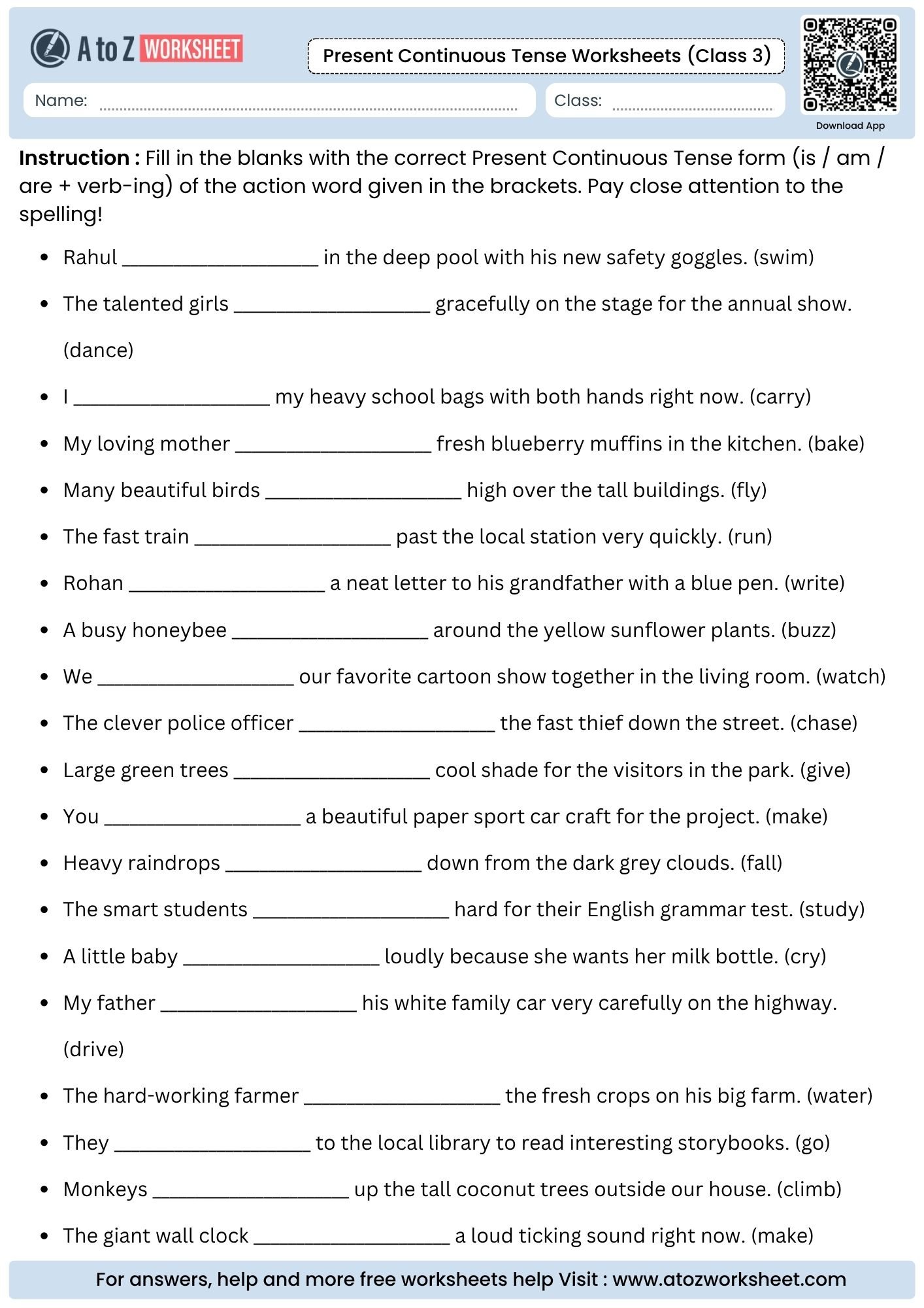 Present Continuous Tense Worksheets For Class 3 Kids (Free PDF) 2 spelling variation fill in the blanks exercises on present continuous tense worksheets for class 3 layouts