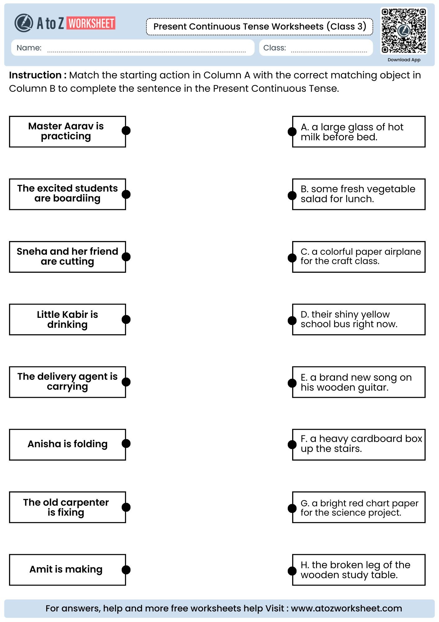 Present Continuous Tense Worksheets For Class 3 Kids (Free PDF) 3 line matching predicate logic games included in present continuous tense worksheets for class 3 packets