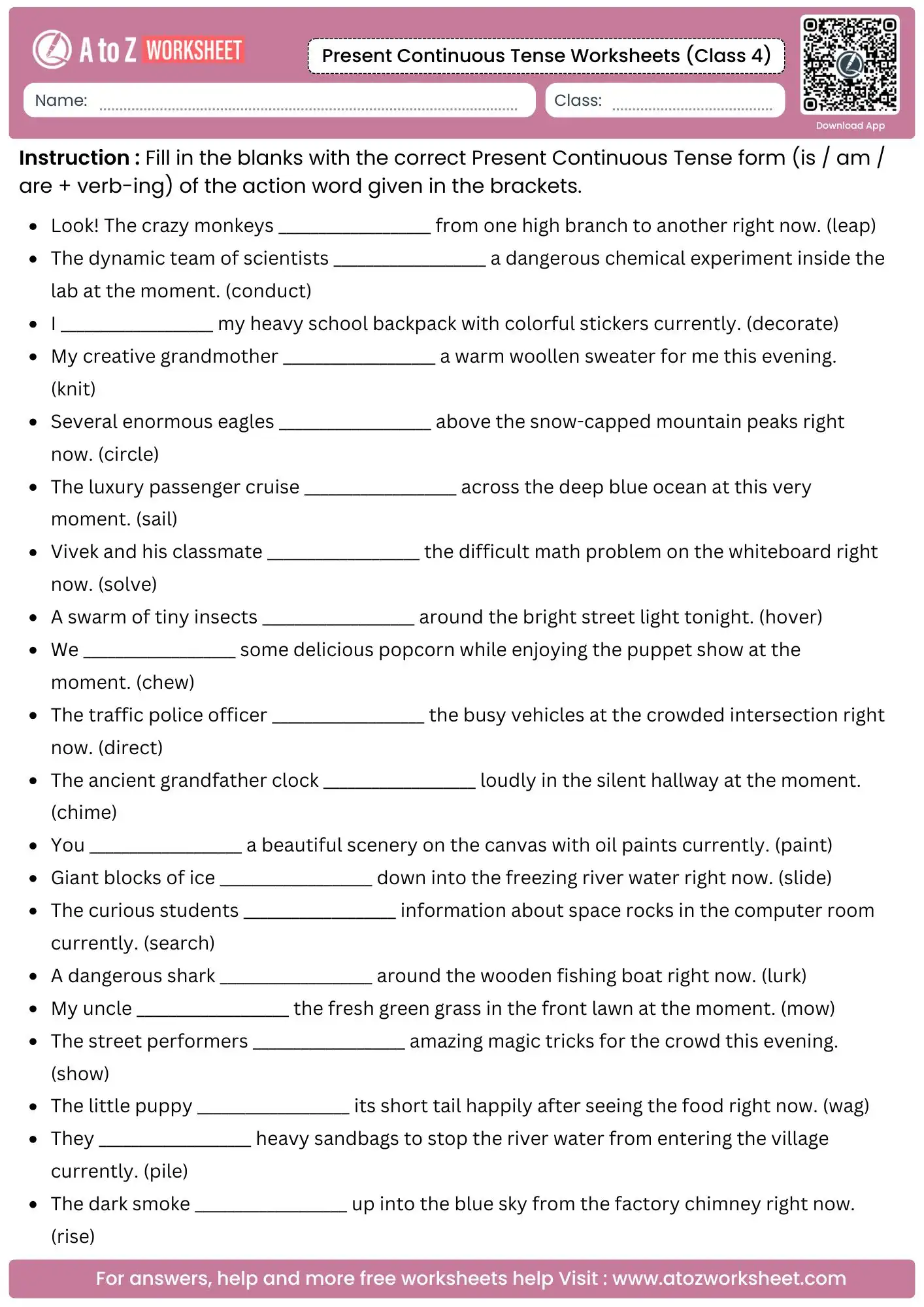 present continuous tense worksheets for class 4 featuring an active singular and plural subject auxiliary test