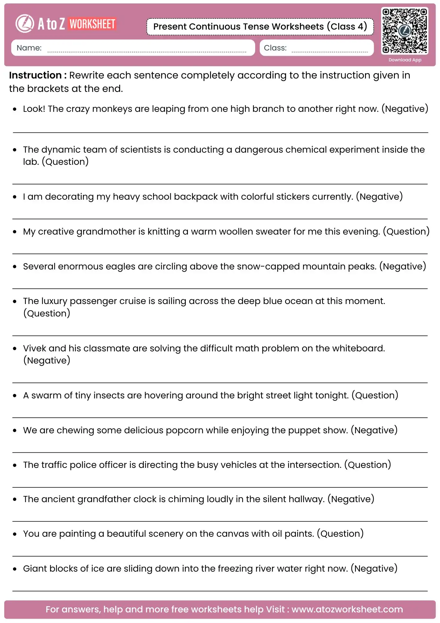 complex sentence structure inversion tracking on present continuous tense worksheets for class 4 layouts
