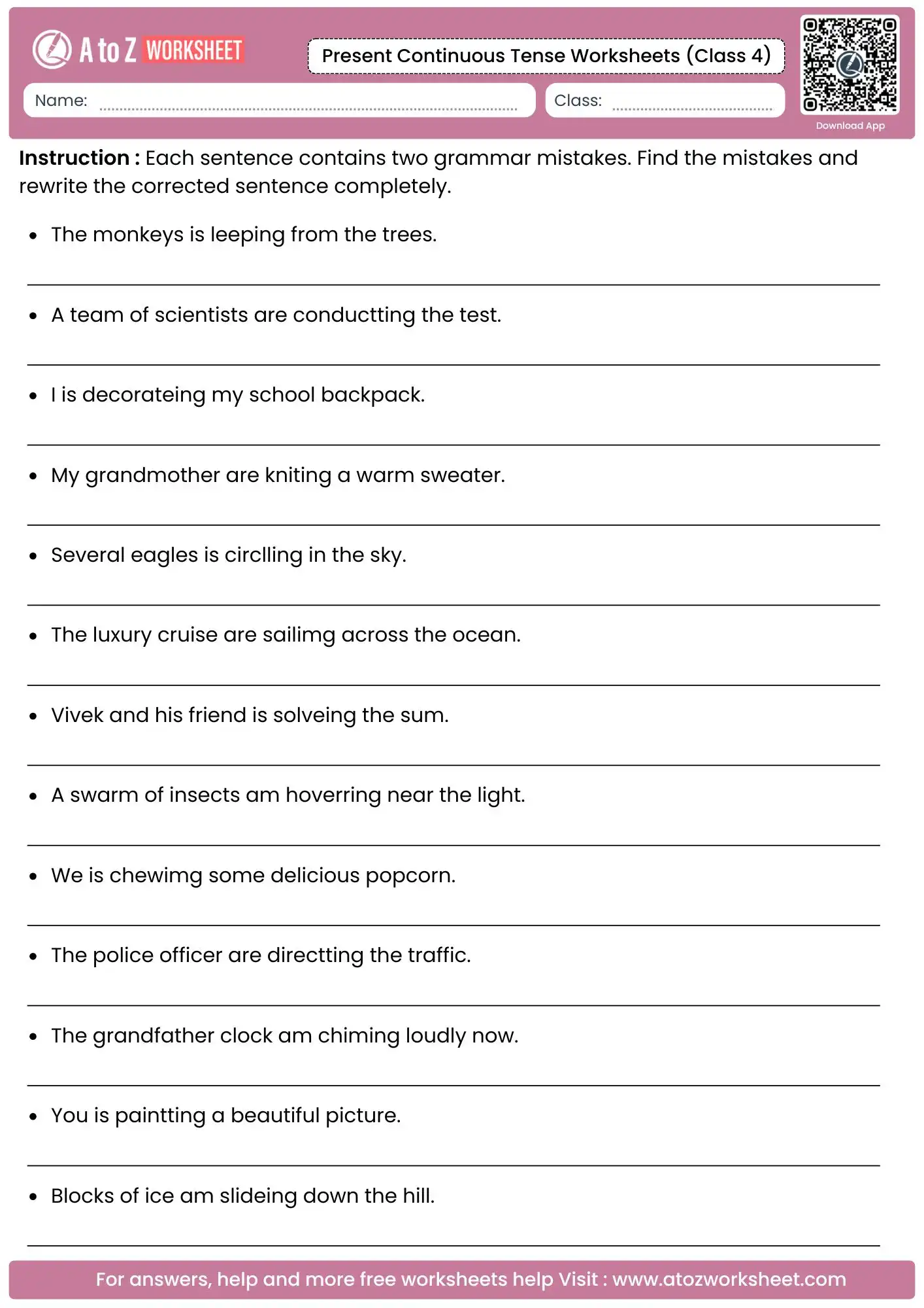 dual error correction analytical grids included in present continuous tense worksheets for class 4 sets