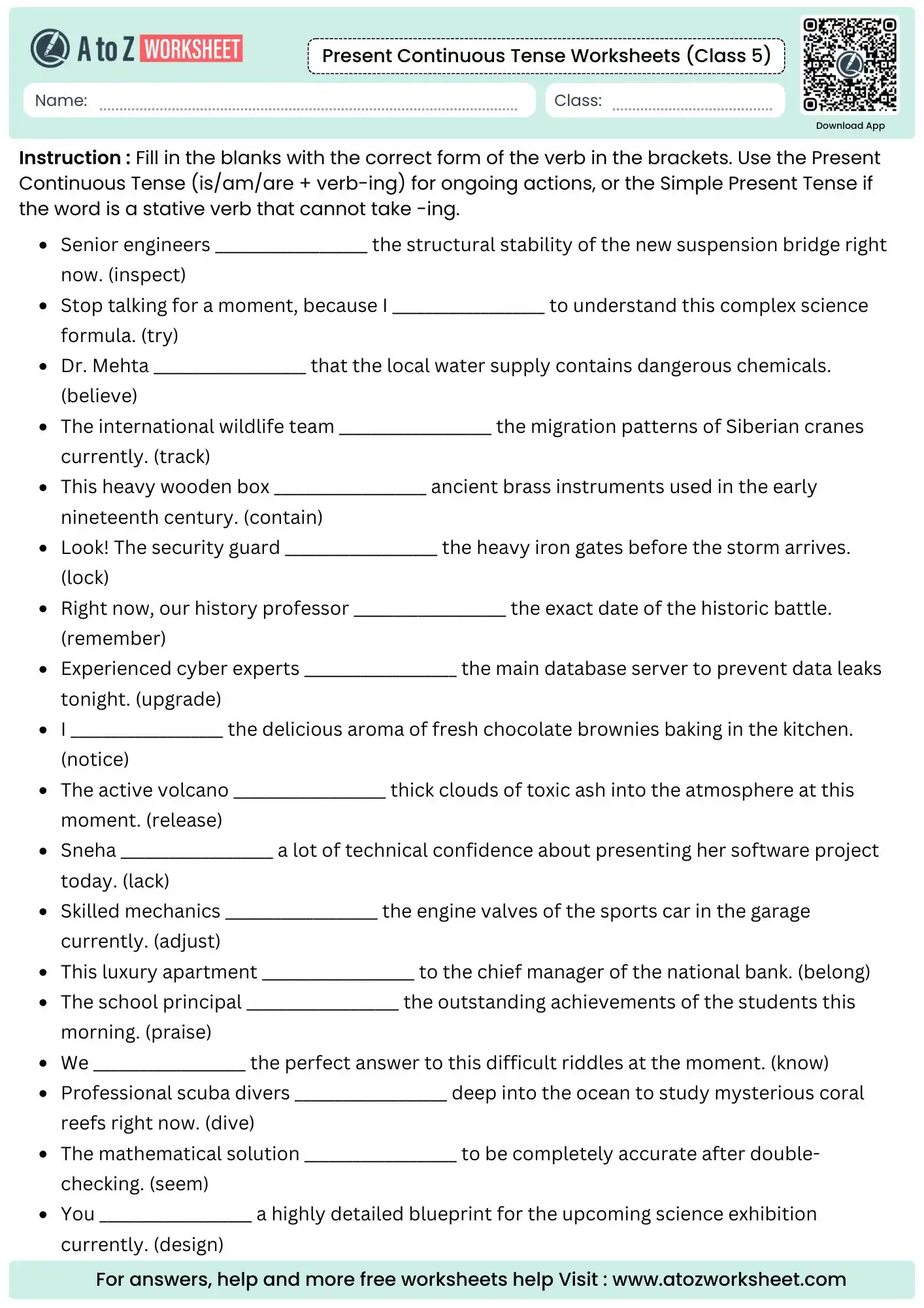 present continuous tense worksheets for class 5 featuring a progressive vs stative verb logic test