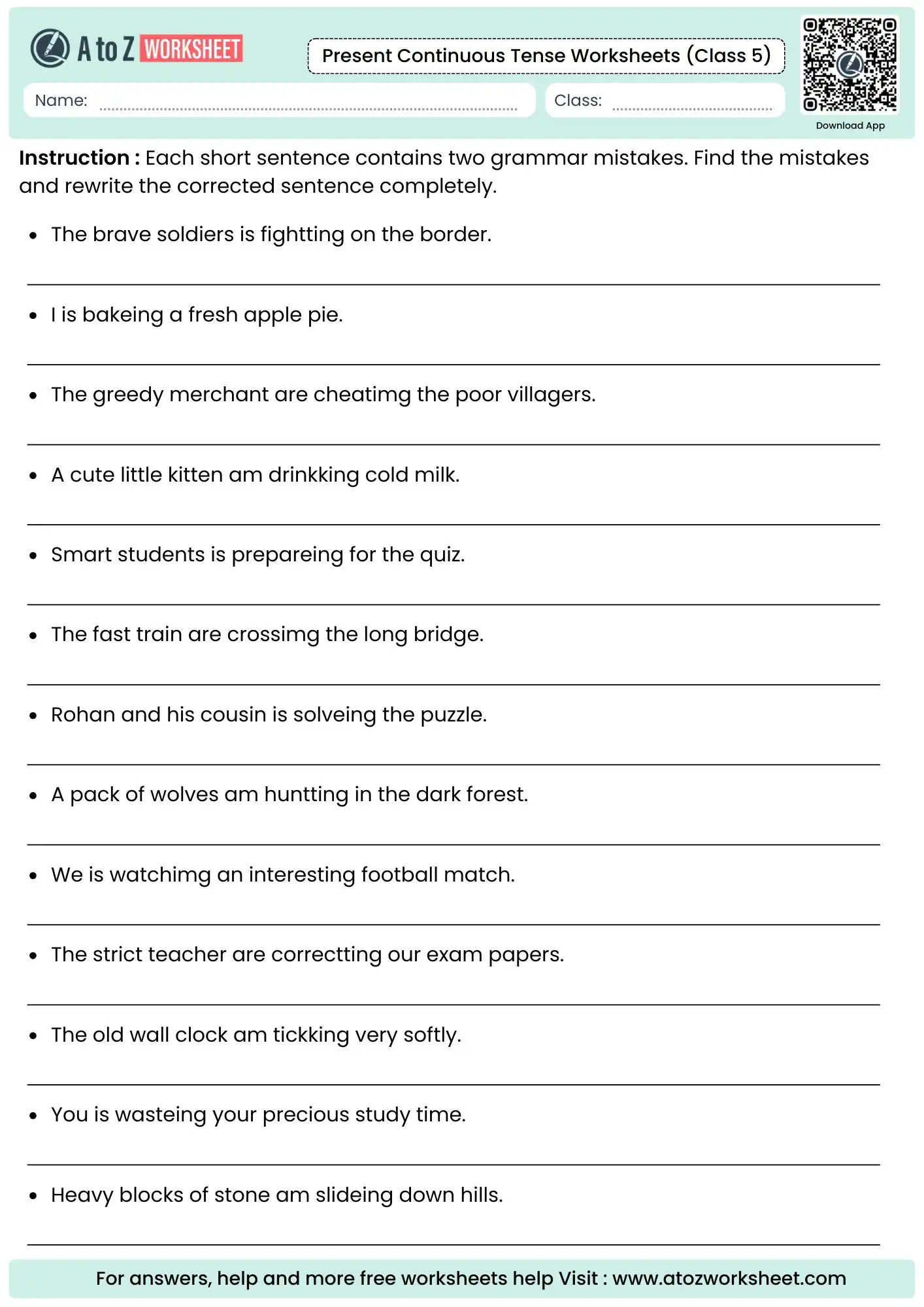 dual syntax error correction layouts on present continuous tense worksheets for class 5 pages