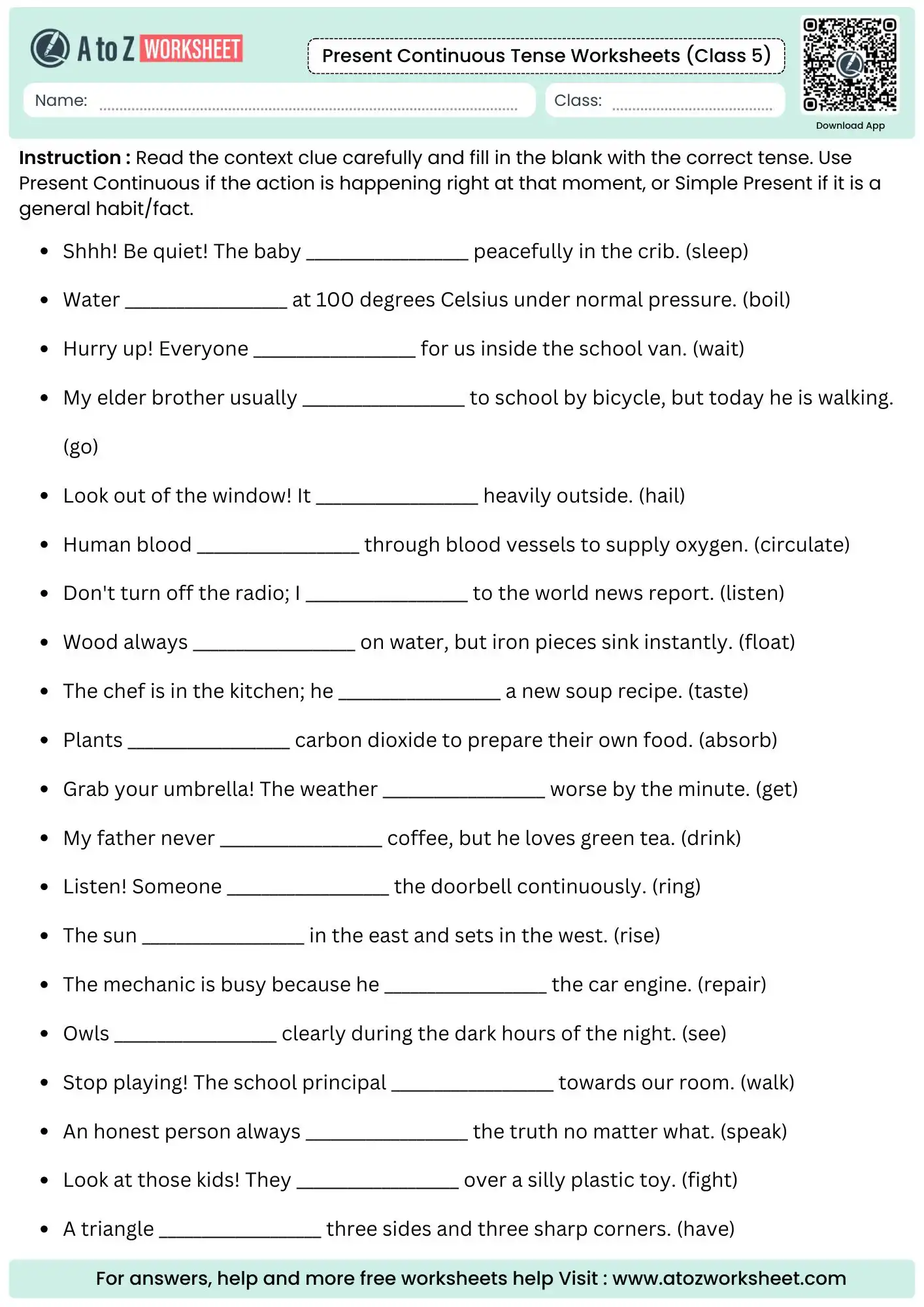 live context clue logic tracking included in present continuous tense worksheets for class 5 sets
