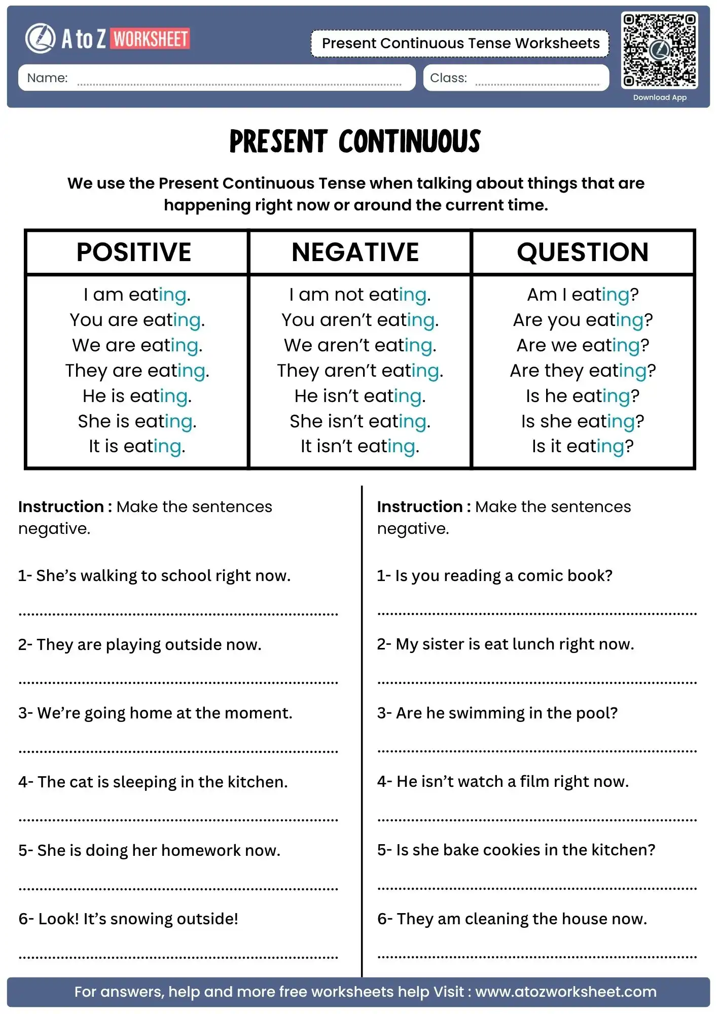 present continuous tense worksheets displaying a clear conjugation grid and basic syntax correction exercises
