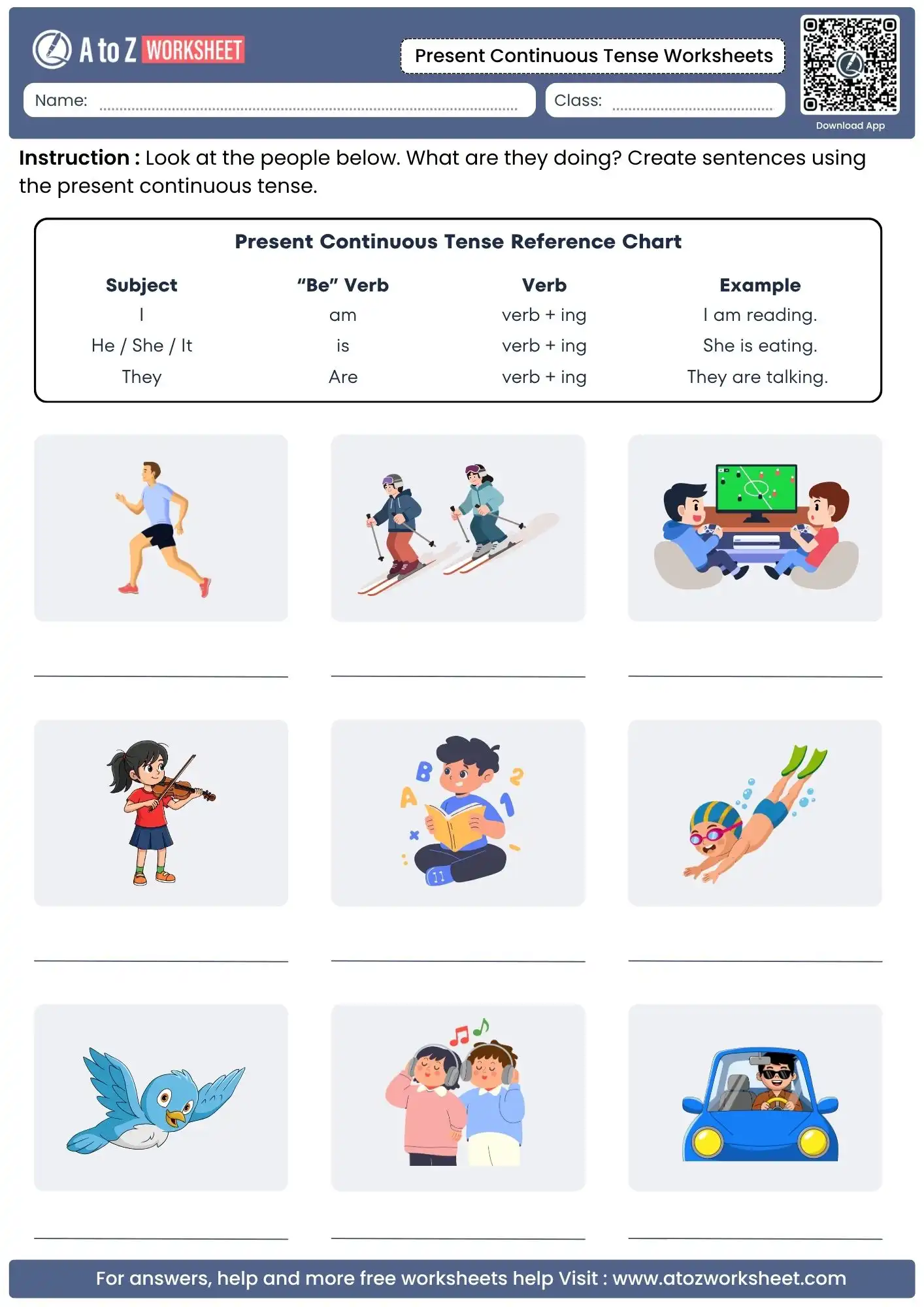 picture description activities featured on printable present continuous tense worksheets
