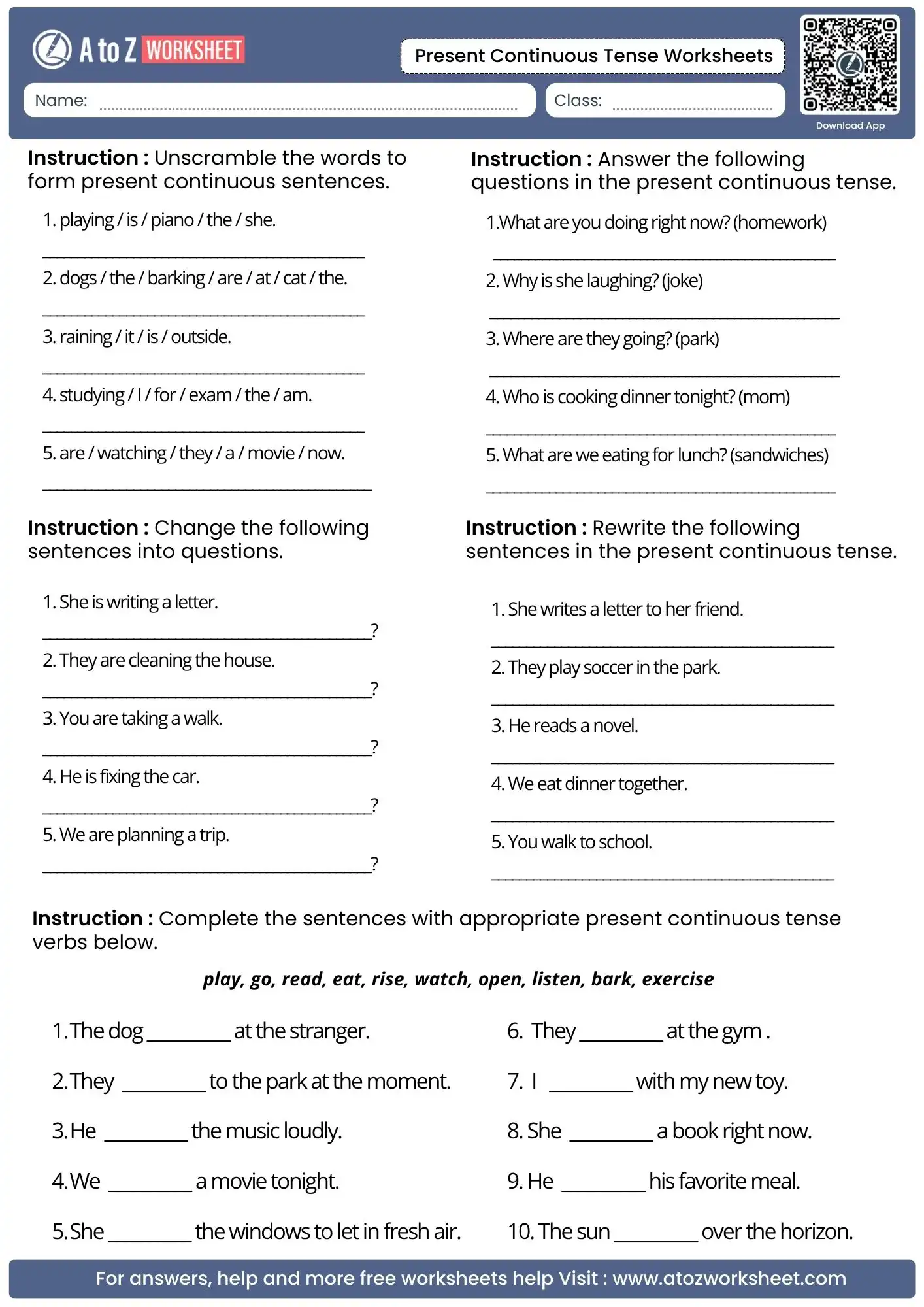 word unscrambling and sentence conversion tracks on present continuous tense worksheets layouts