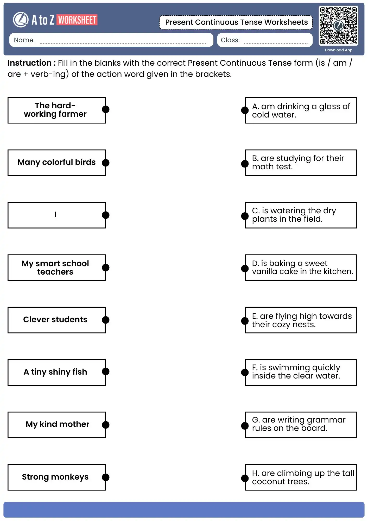 interactive subject to verb matching layout from present continuous tense worksheets