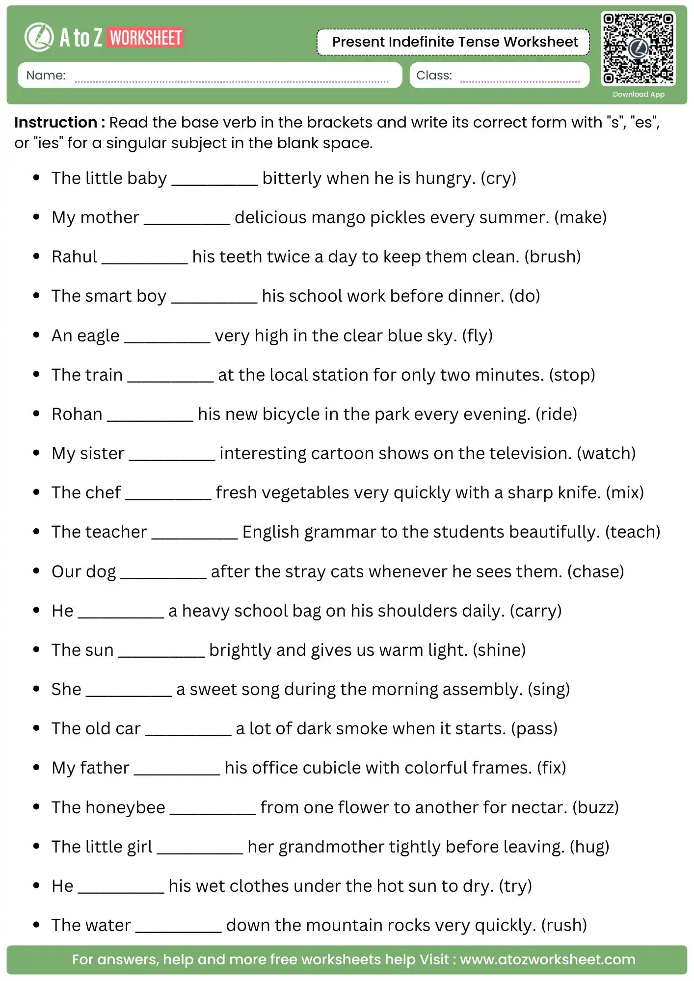 present indefinite tense worksheets with singular subject verb suffix spelling lines